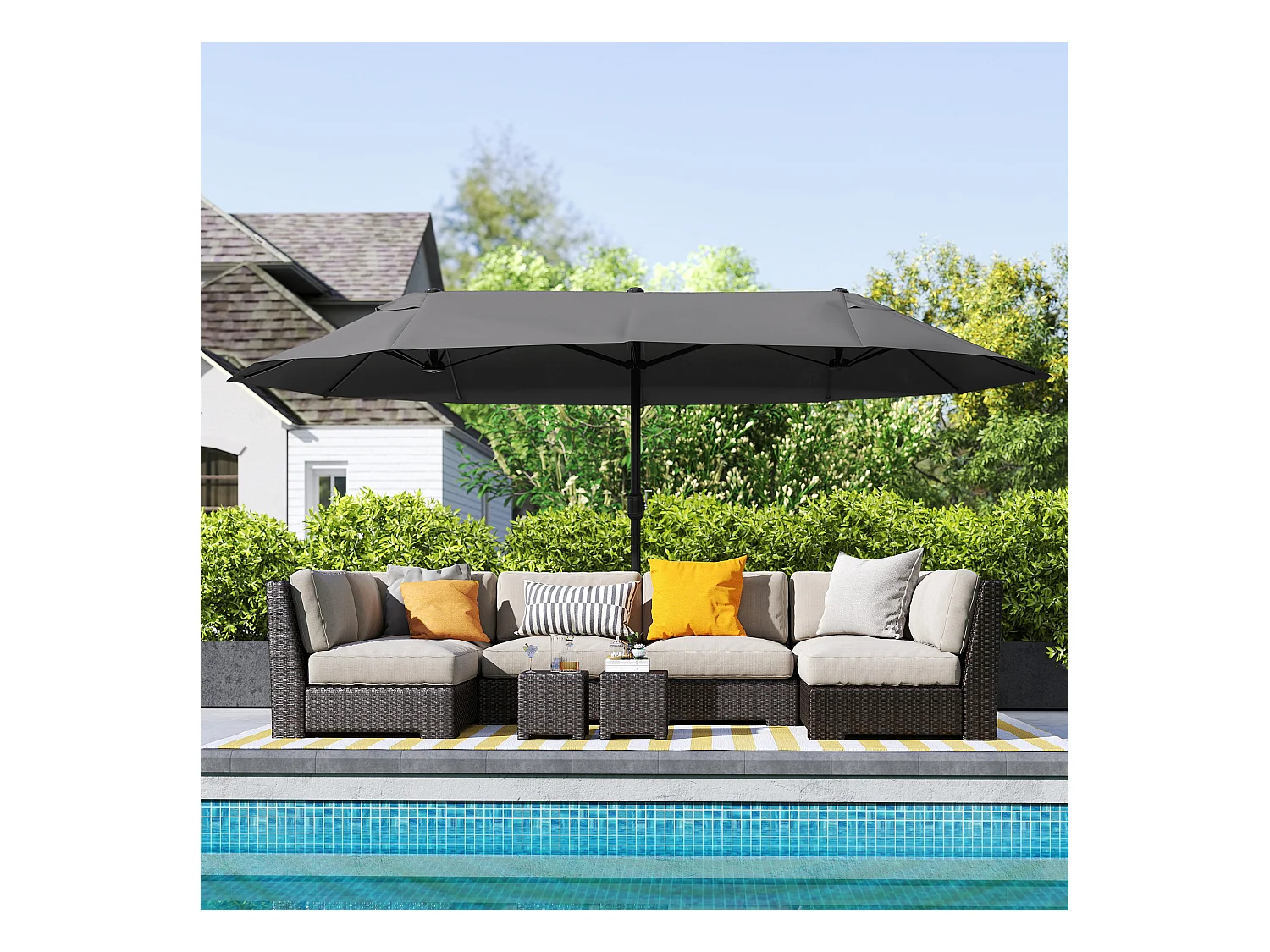 Parasol de jardin XXL parasol grande taille 4,6L x 2,7l x 2,4H m ouverture fermeture manivelle acier polyester haute densité noir