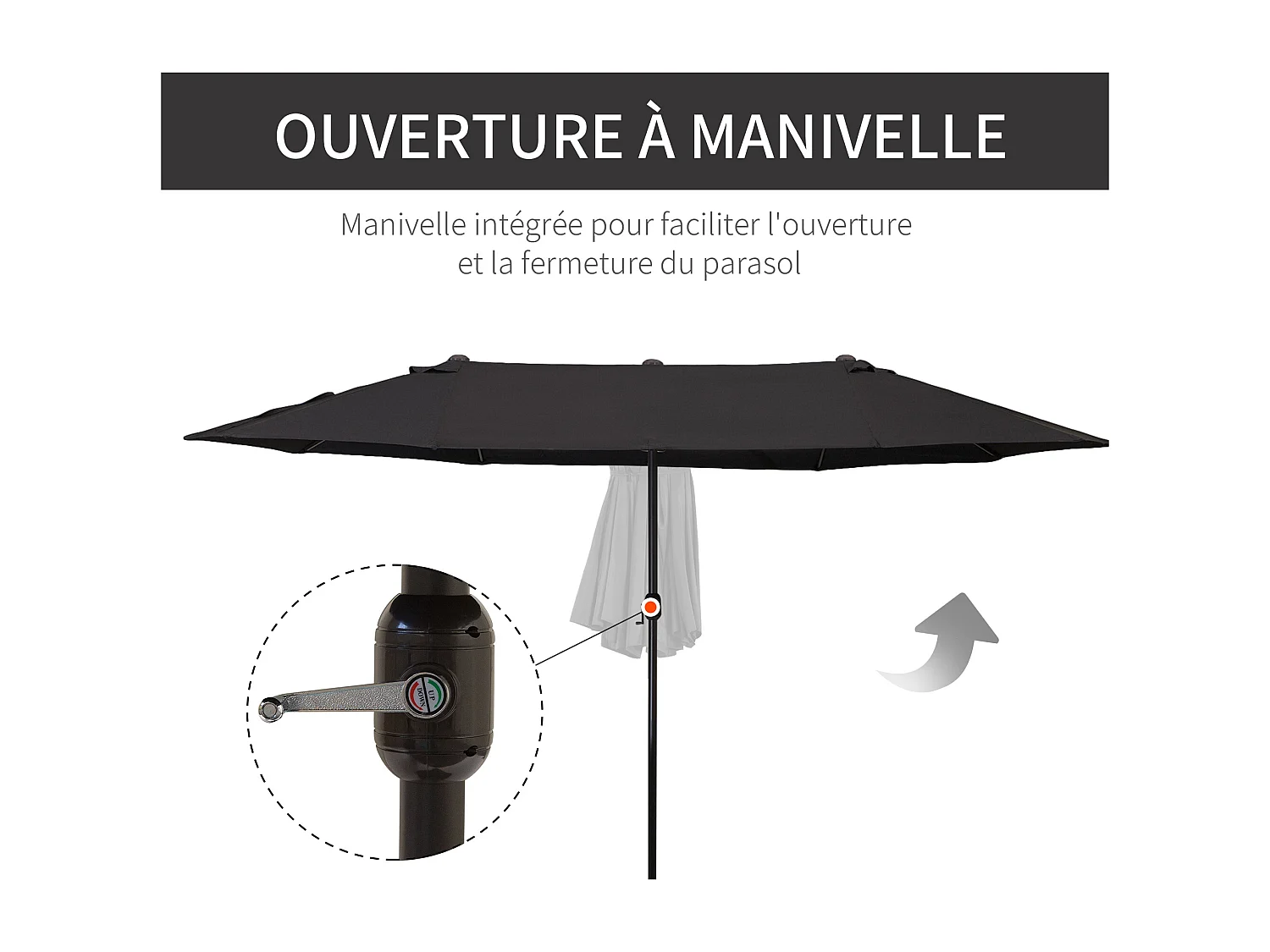 Parasol de jardin XXL parasol grande taille 4,6L x 2,7l x 2,4H m ouverture fermeture manivelle acier polyester haute densité noir