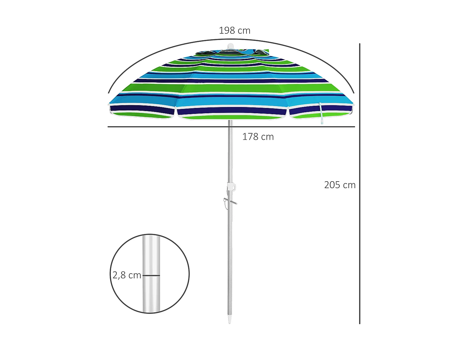 Parasol inclinable réglable de plage protection UV40+ Ø178 cm sac transport inclus