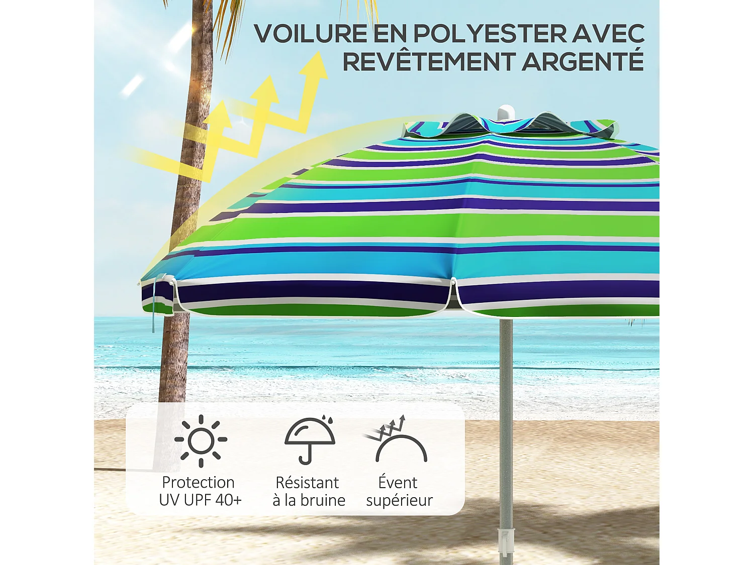 Parasol inclinable réglable de plage protection UV40+ Ø178 cm sac transport inclus