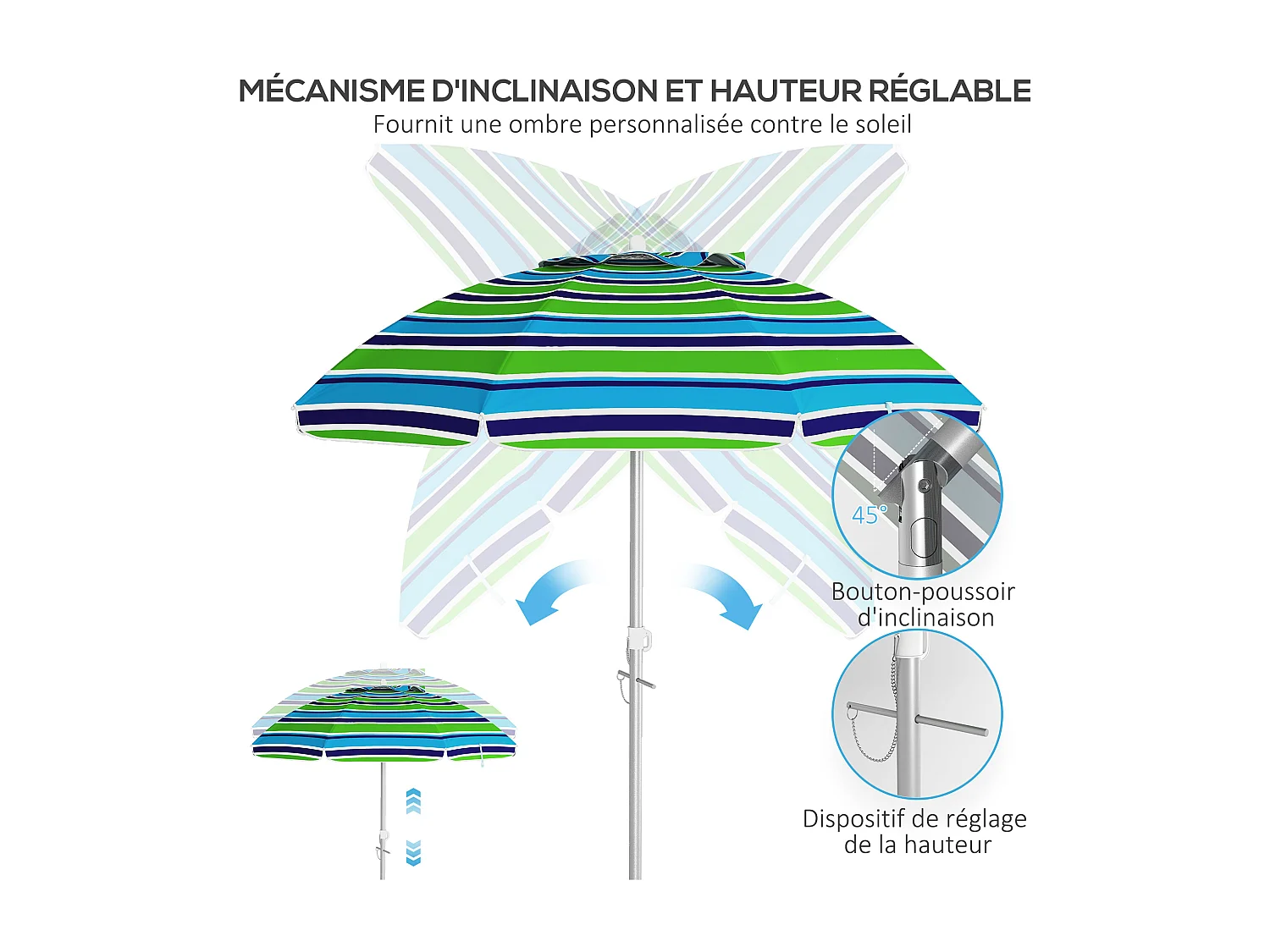 Parasol inclinable réglable de plage protection UV40+ Ø178 cm sac transport inclus