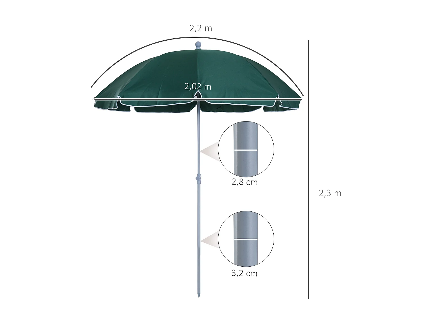 Parasol inclinable octogonal de jardin Ø 2 m métal polyester vert