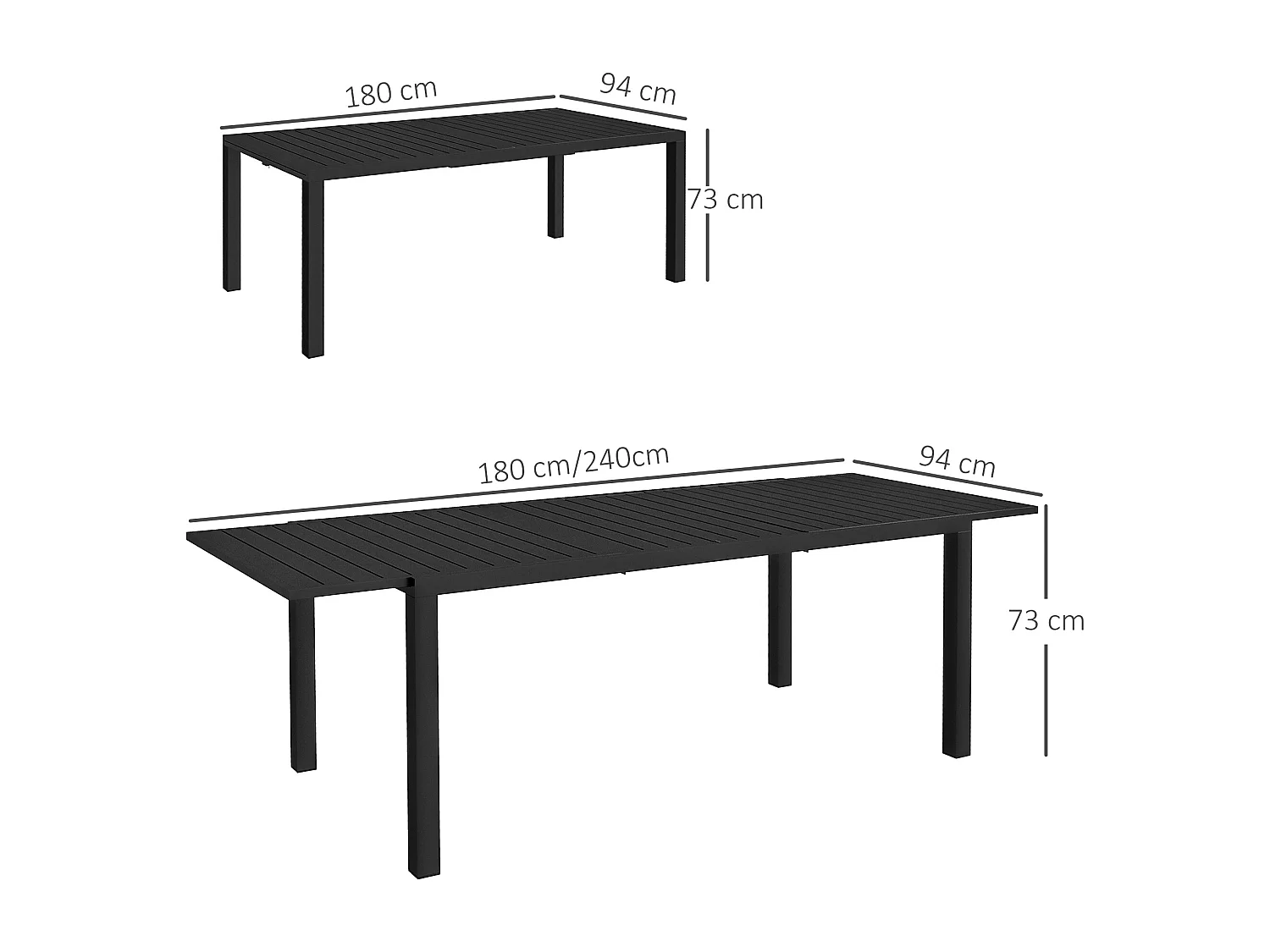 Table de jardin extensible 6-8 personnes dim. 180/240L x 94l x 73H cm alu noir
