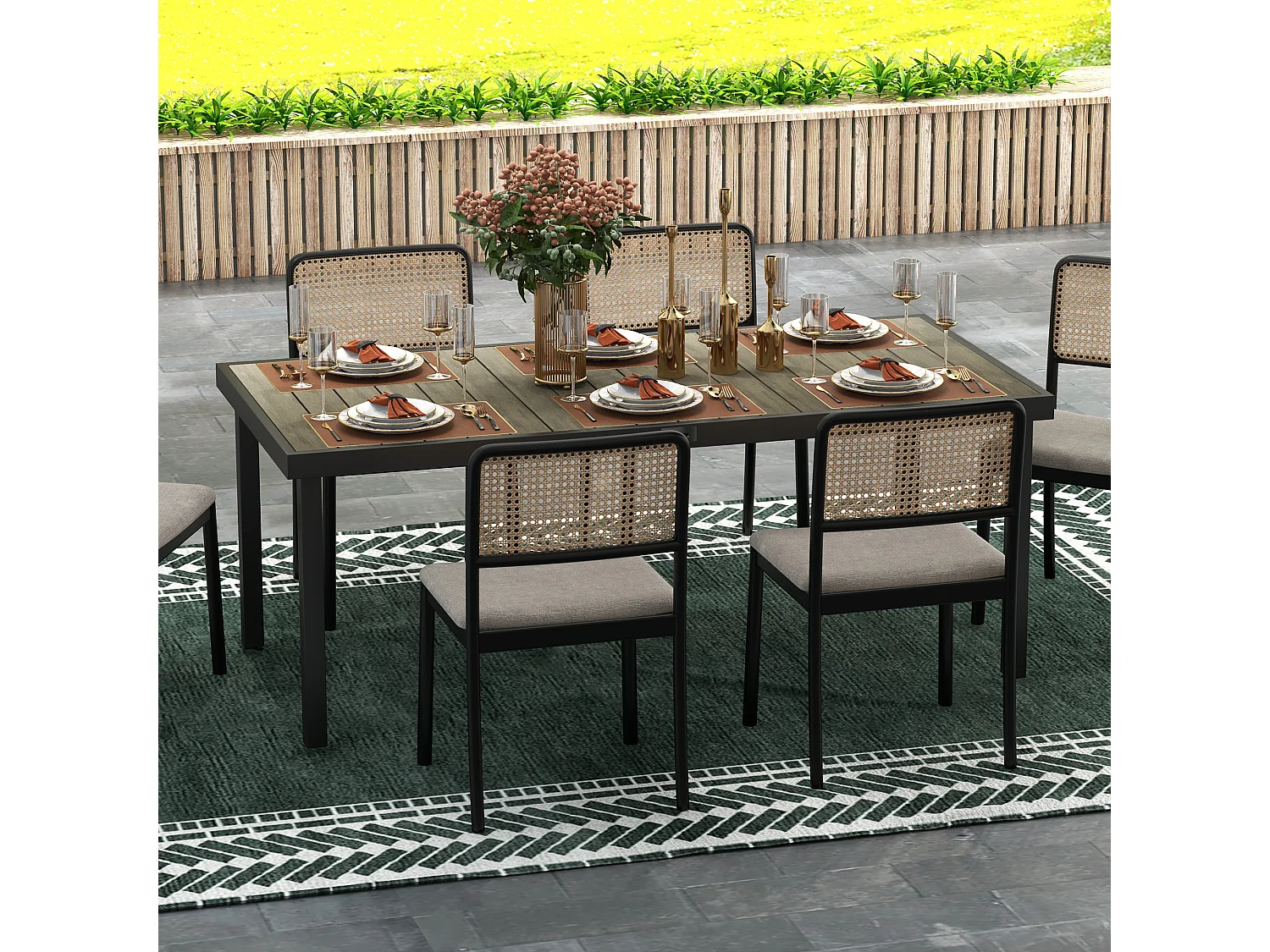 Table de jardin rectangulaire pour 8 personnes en aluminium plateau PE à lattes aspect bois dim. 190L x 90l x 74H cm noir