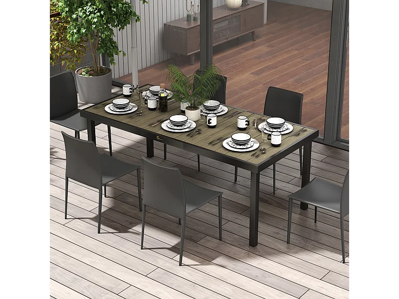 Table de jardin rectangulaire pour 8 personnes en aluminium plateau PE à lattes aspect bois dim. 190L x 90l x 74H cm noir