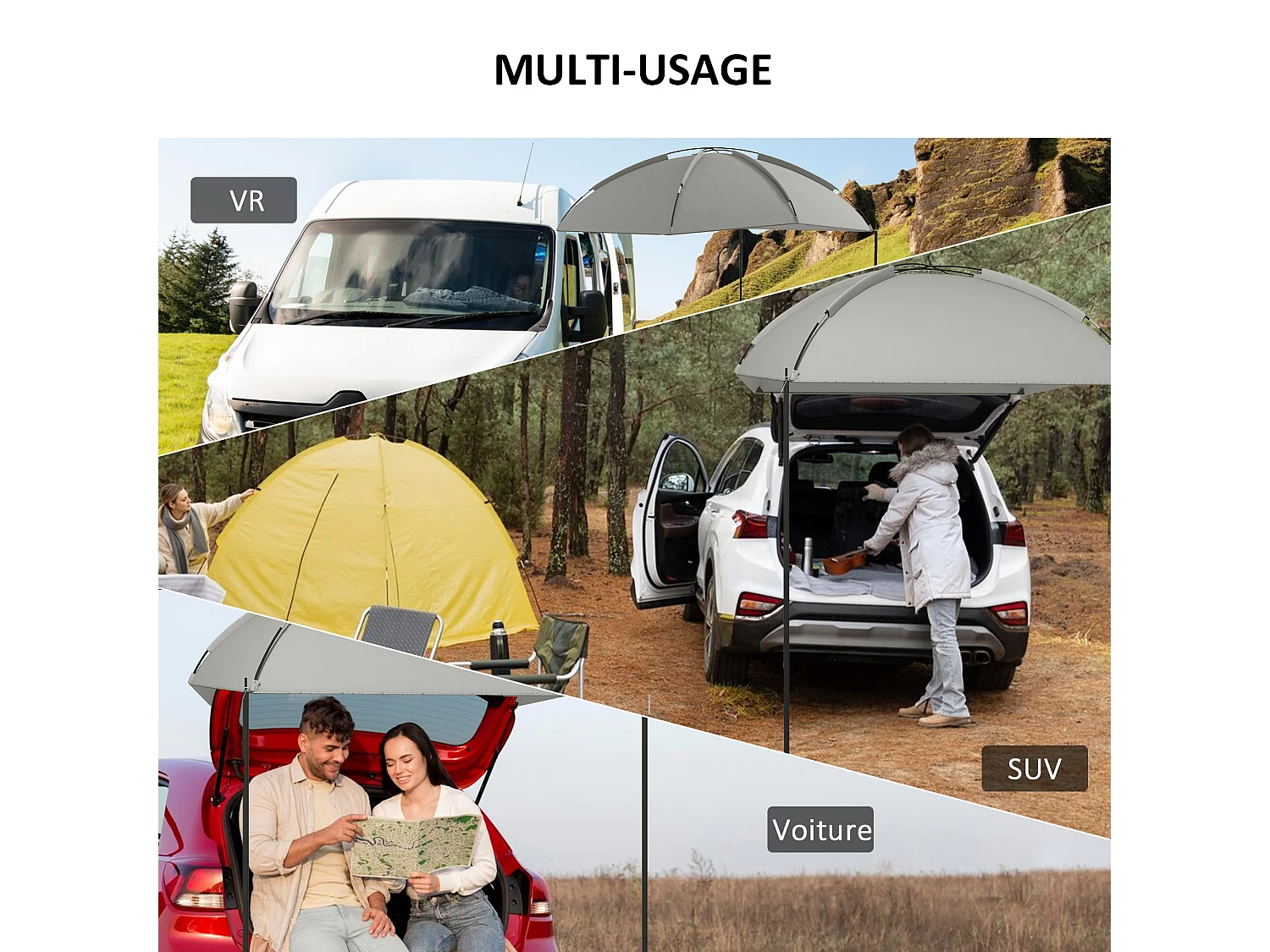 Abri solaire de camping - barnum réglable en dôme, sac inclus - acier polyester haute densité gris