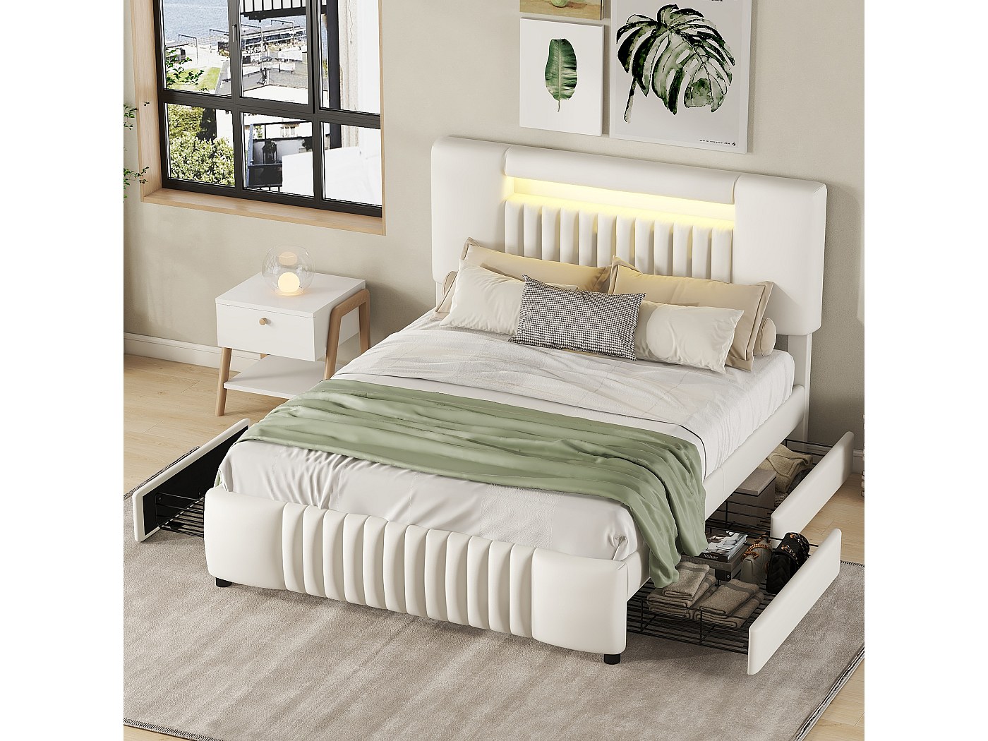 Letto Matrimoniale Imbottito In PU Con Contenitore, Testiera LED RGB E 4 Cassetti, 140x200 Cm, Grigio - 2