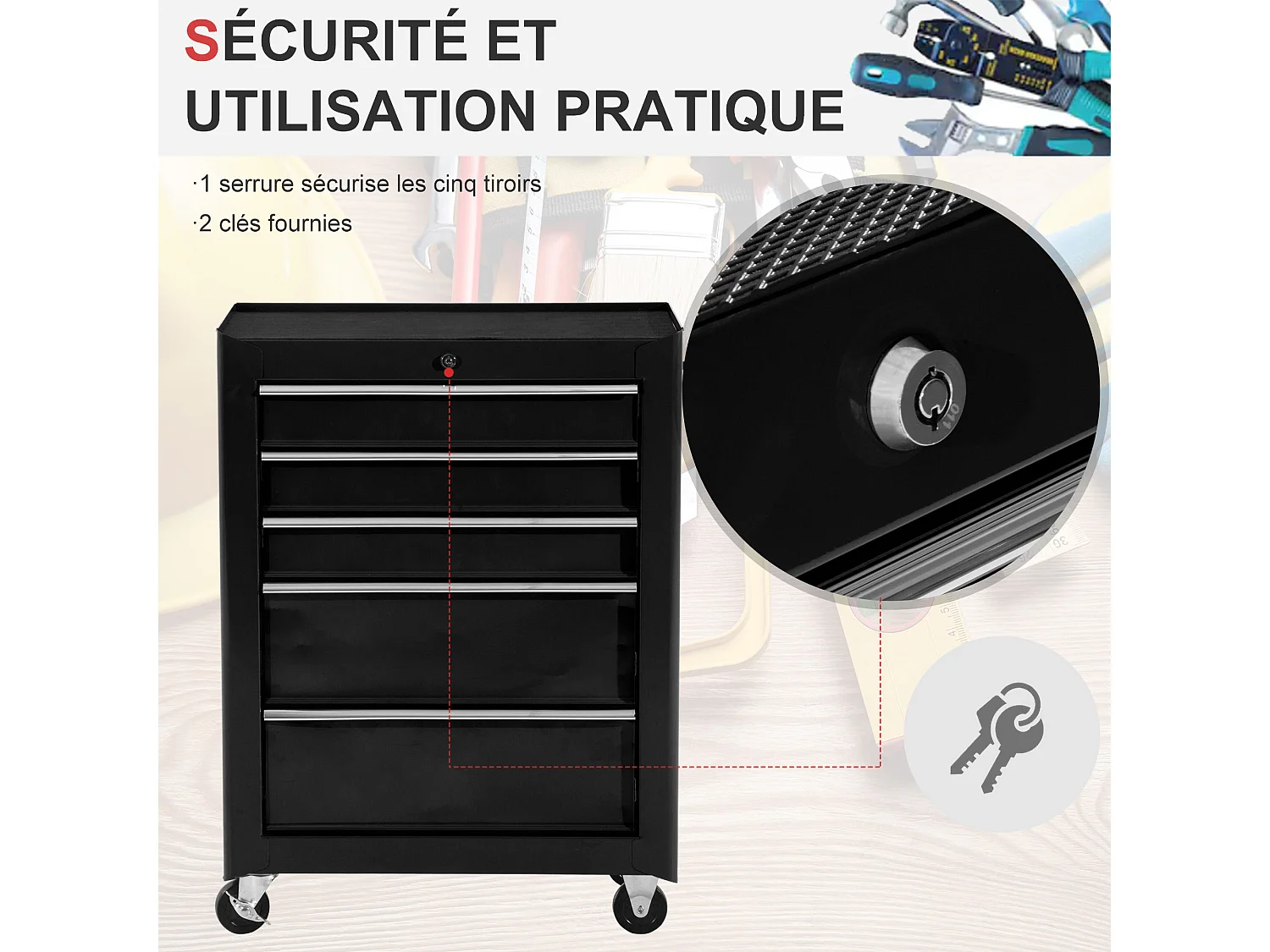 Servante d'atelier 5 tiroirs verrouillables 2 clés tôle d'acier noir