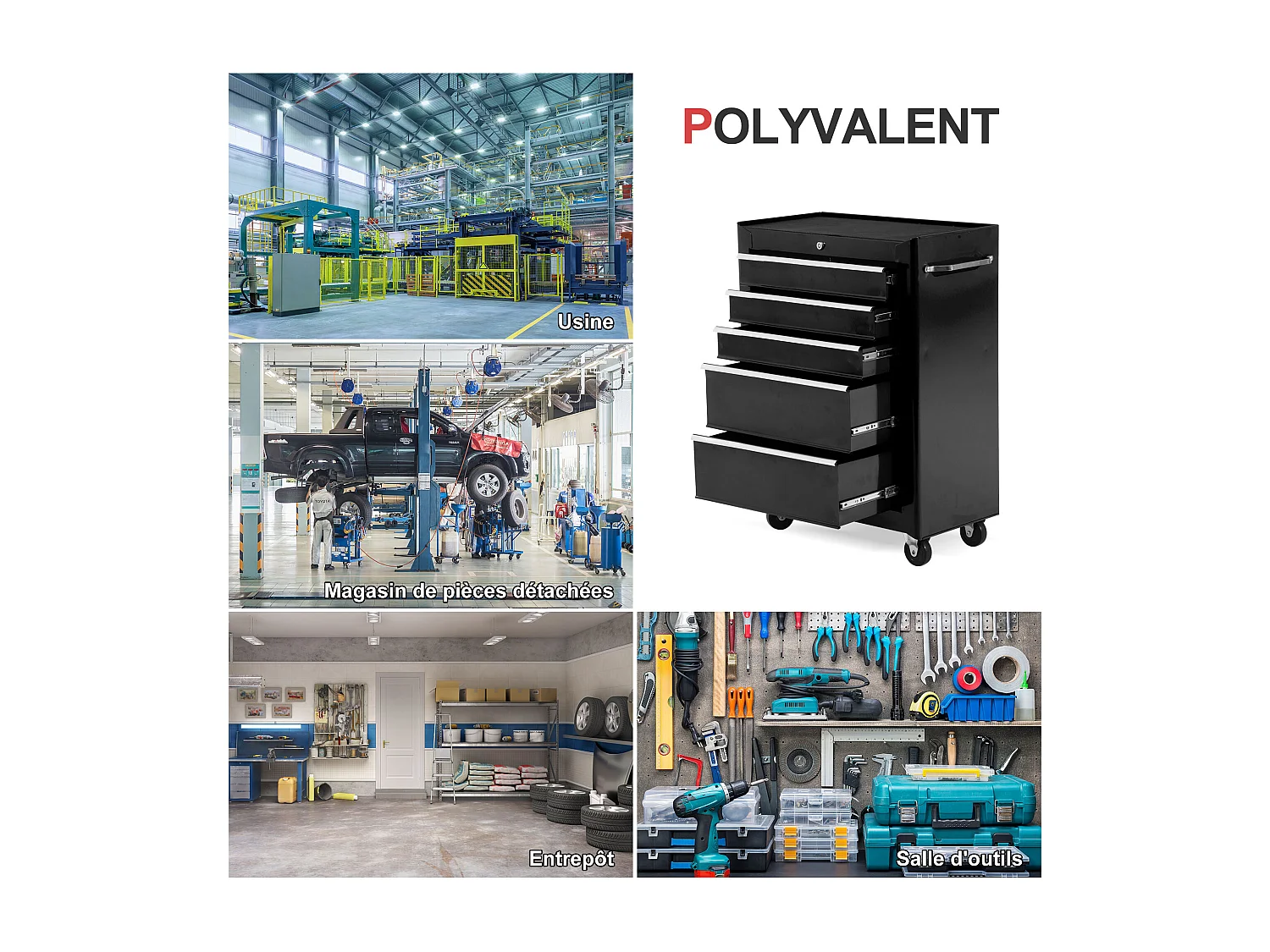 Servante d'atelier 5 tiroirs verrouillables 2 clés tôle d'acier noir