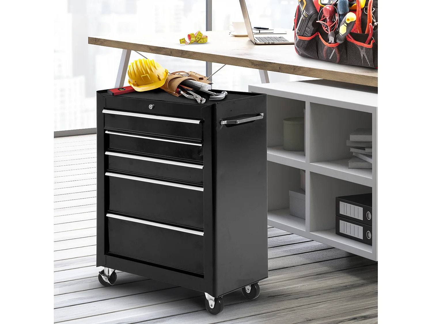Servante d'atelier 5 tiroirs verrouillables 2 clés tôle d'acier noir