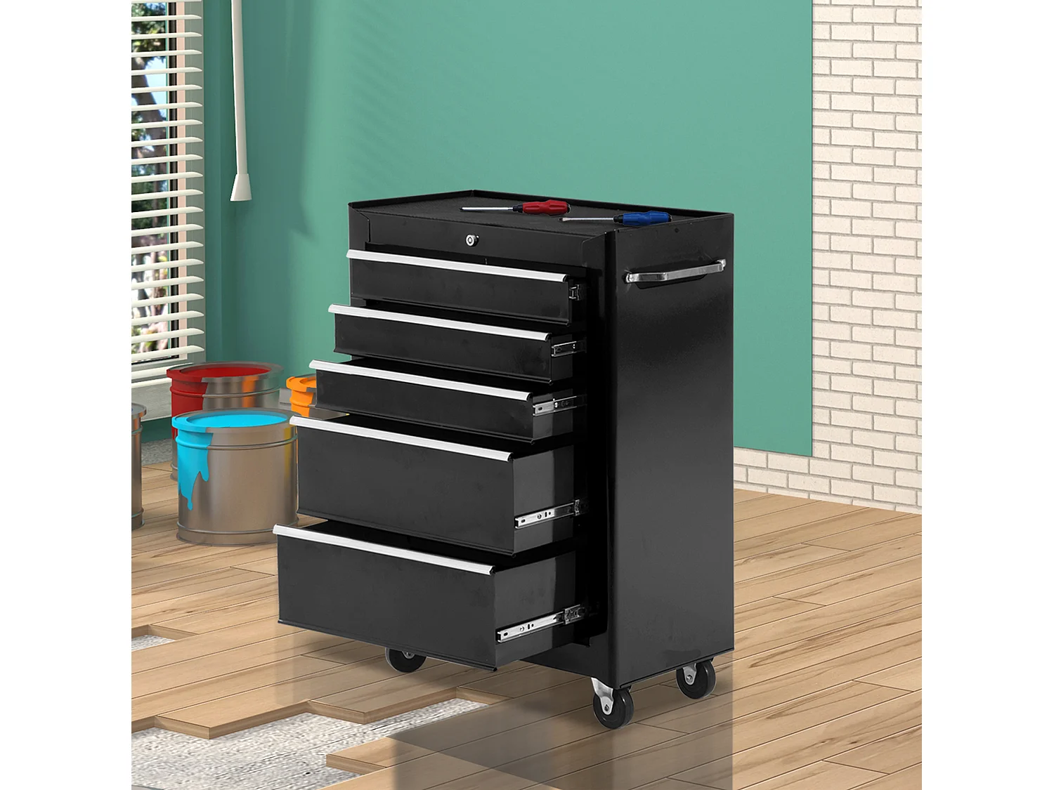 Servante d'atelier 5 tiroirs verrouillables 2 clés tôle d'acier noir