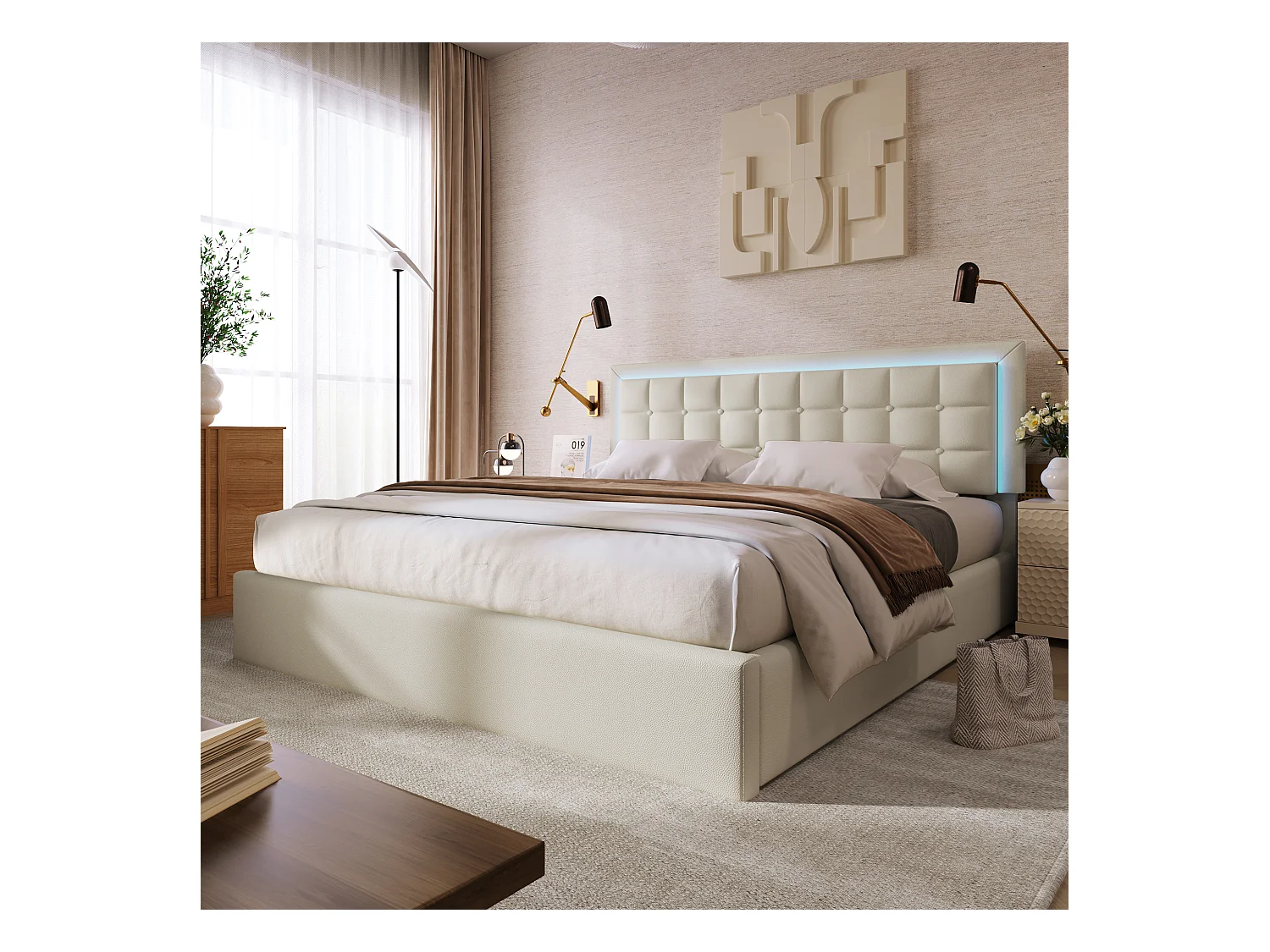 Lit coffre double PU blanc rembourré avec tête de lit haute, éclairage LED 160*200cm STUDDU