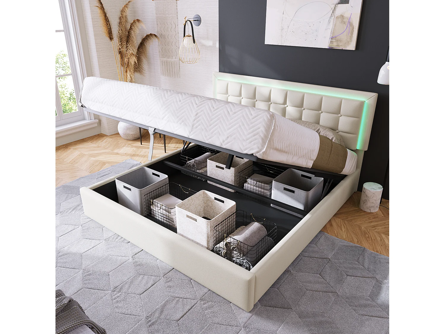 Lit coffre double PU blanc rembourré avec tête de lit haute, éclairage LED 160*200cm STUDDU