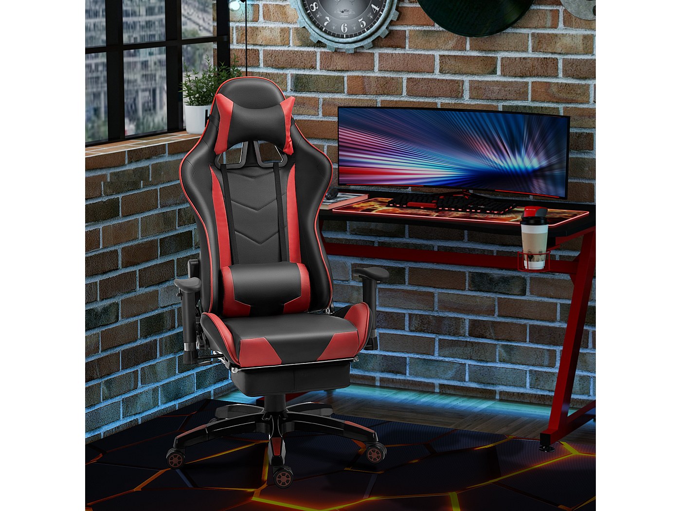 Chaise Gaming Ergonomique ML-Design Noir Et Bleu - Revêtement PU, Dossier Inclinable 135°, Repose-pieds, Hauteur Réglable