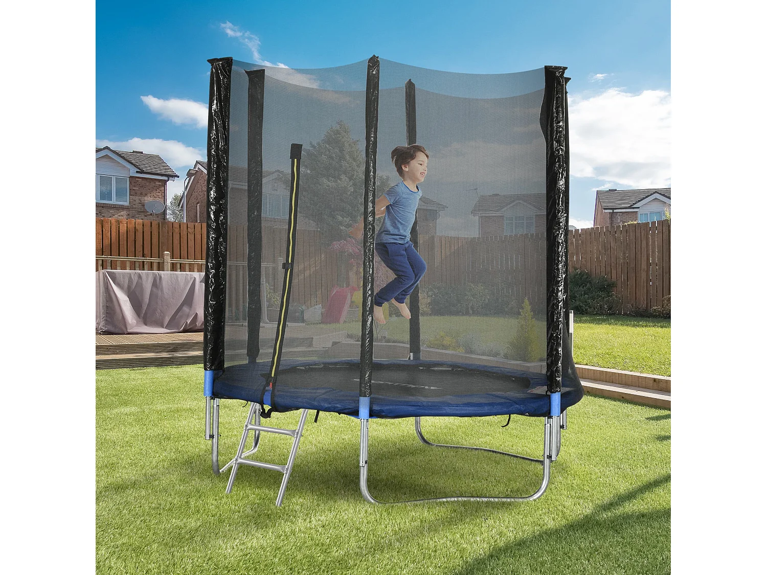 Trampoline d'extérieur Ø 180 cm avec filet de sécurité, poteaux rembourrés et échelle
