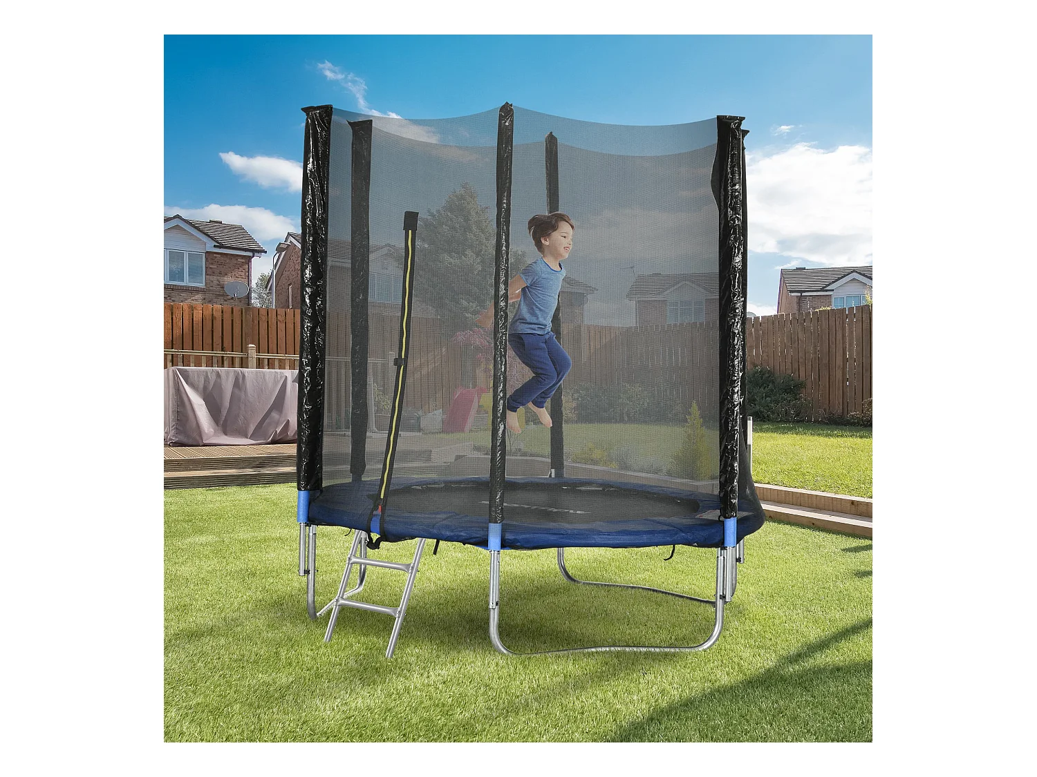 Trampoline d'extérieur Ø 180 cm avec filet de sécurité, poteaux rembourrés et échelle