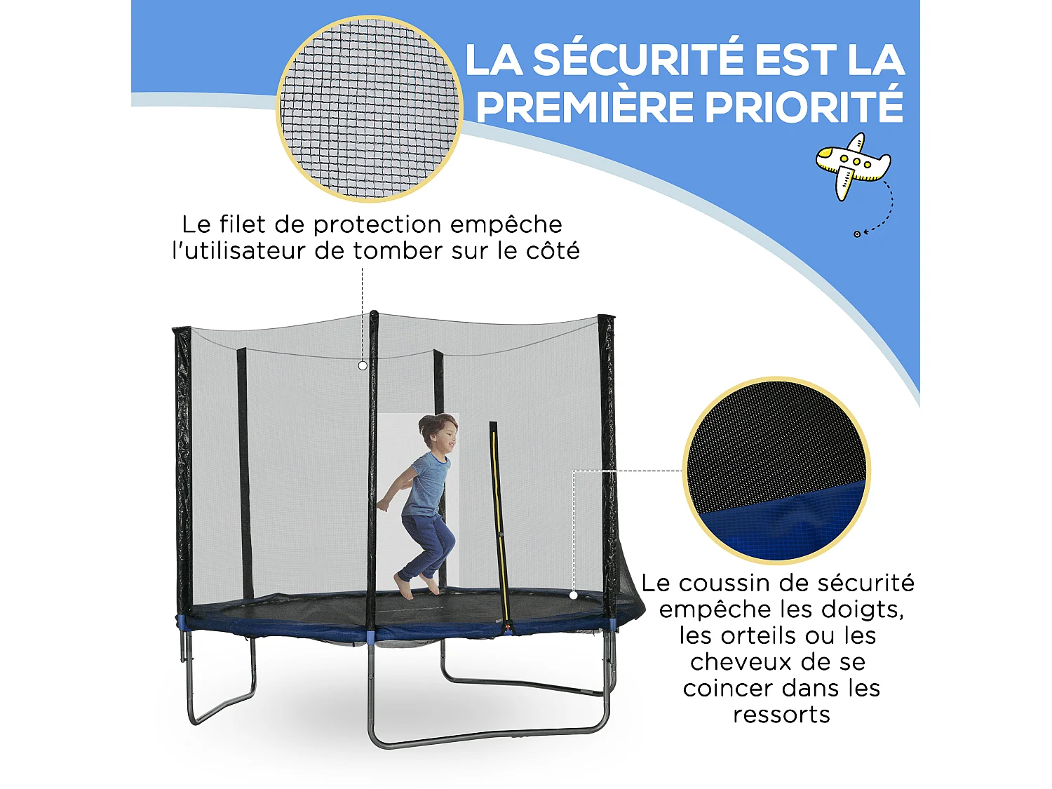 Trampoline d'extérieur Ø 305 cm avec filet de sécurité, poteaux rembourrés et échelle