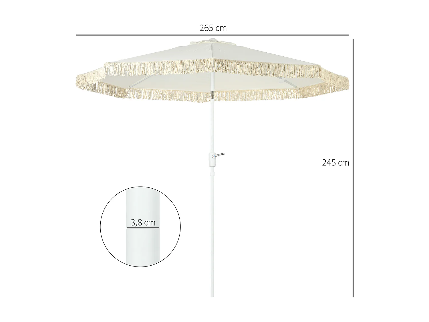 Parasol inclinable de jardin style bohème à franges polyester haute densité crème