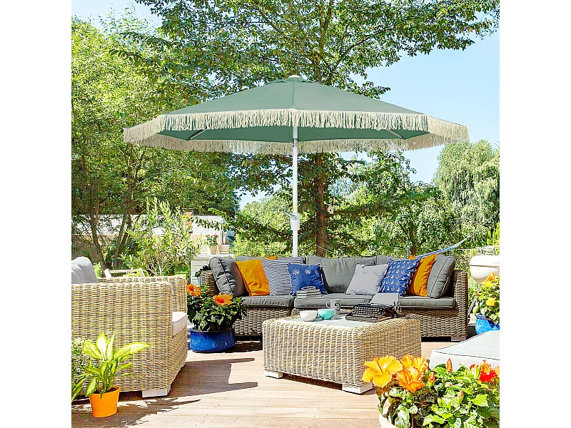 Parasol inclinable de jardin style bohème à franges polyester haute densité vert