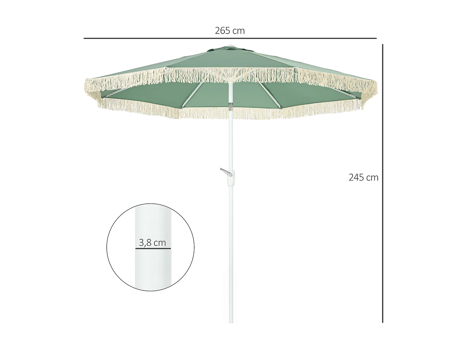 Parasol inclinable de jardin style bohème à franges polyester haute densité vert