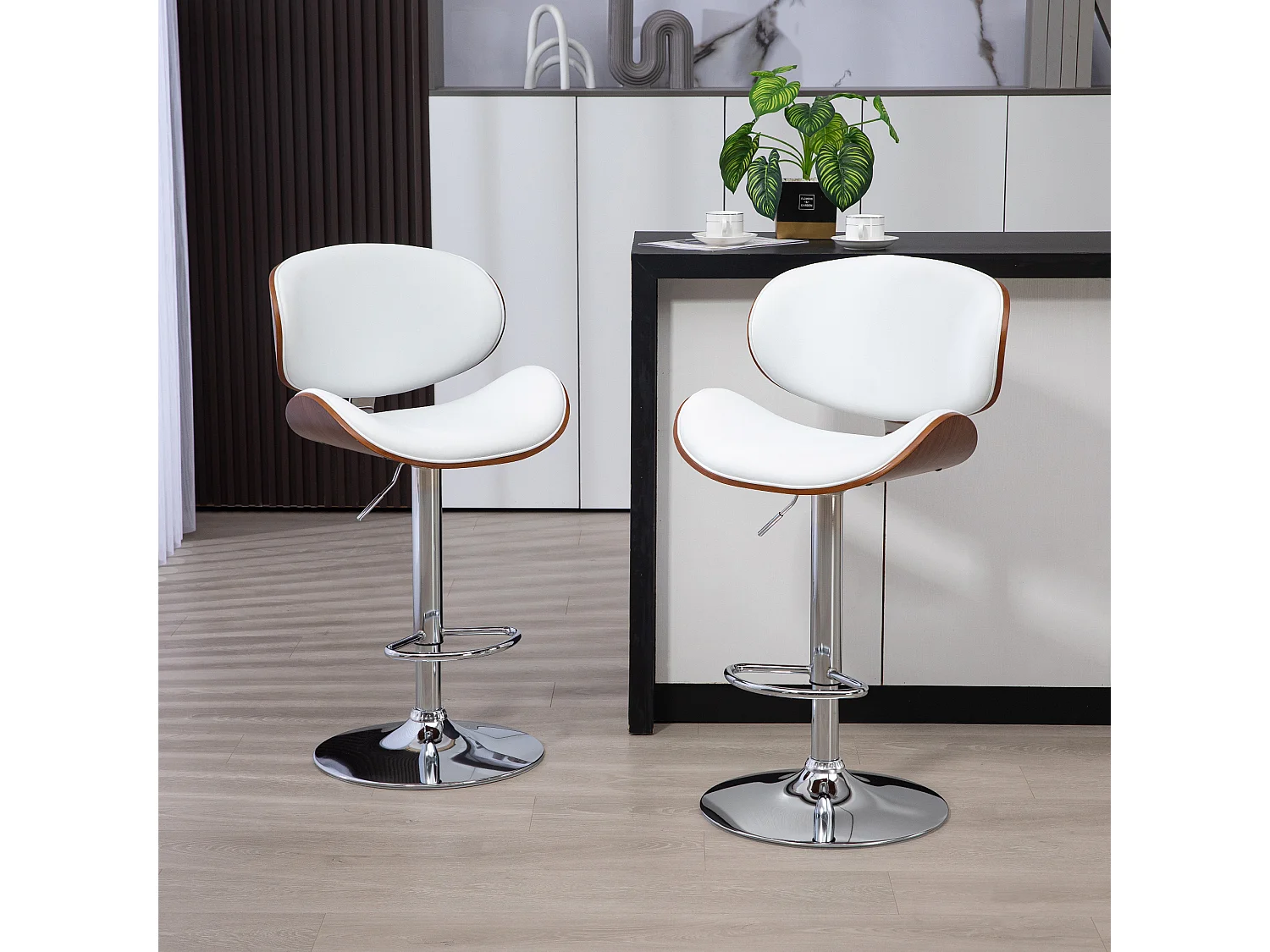 Lot de 2 tabourets de bar design contemporain hauteur d'assise réglable 62-82 cm pivotant 360° bois revêtement synthétique blanc