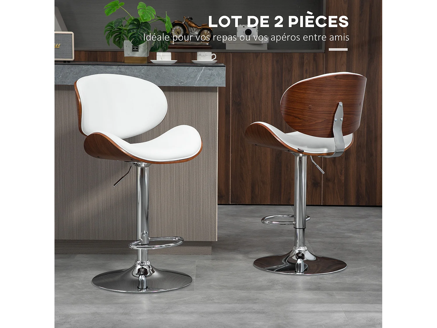 Lot de 2 tabourets de bar design contemporain hauteur d'assise réglable 62-82 cm pivotant 360° bois revêtement synthétique blanc