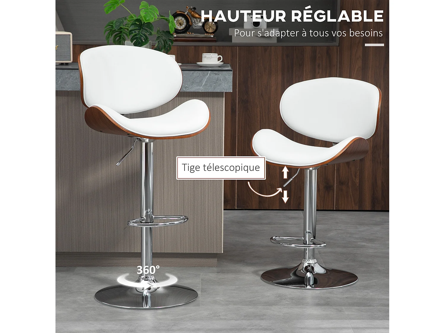 Lot de 2 tabourets de bar design contemporain hauteur d'assise réglable 62-82 cm pivotant 360° bois revêtement synthétique blanc