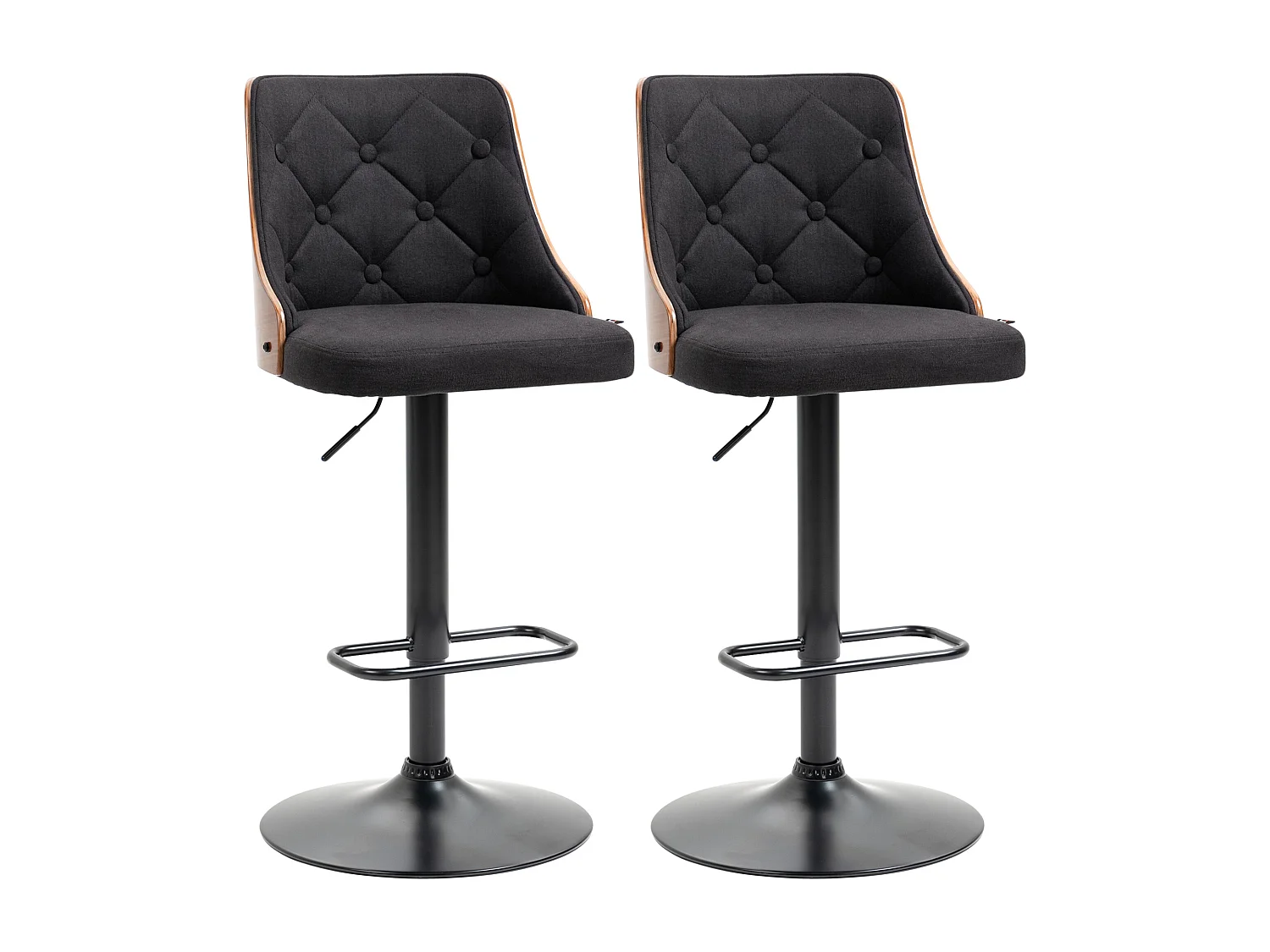 Lot de 2 tabourets de bar design vintage Chesterfield réglable pivotant 360° bois acier lin noir