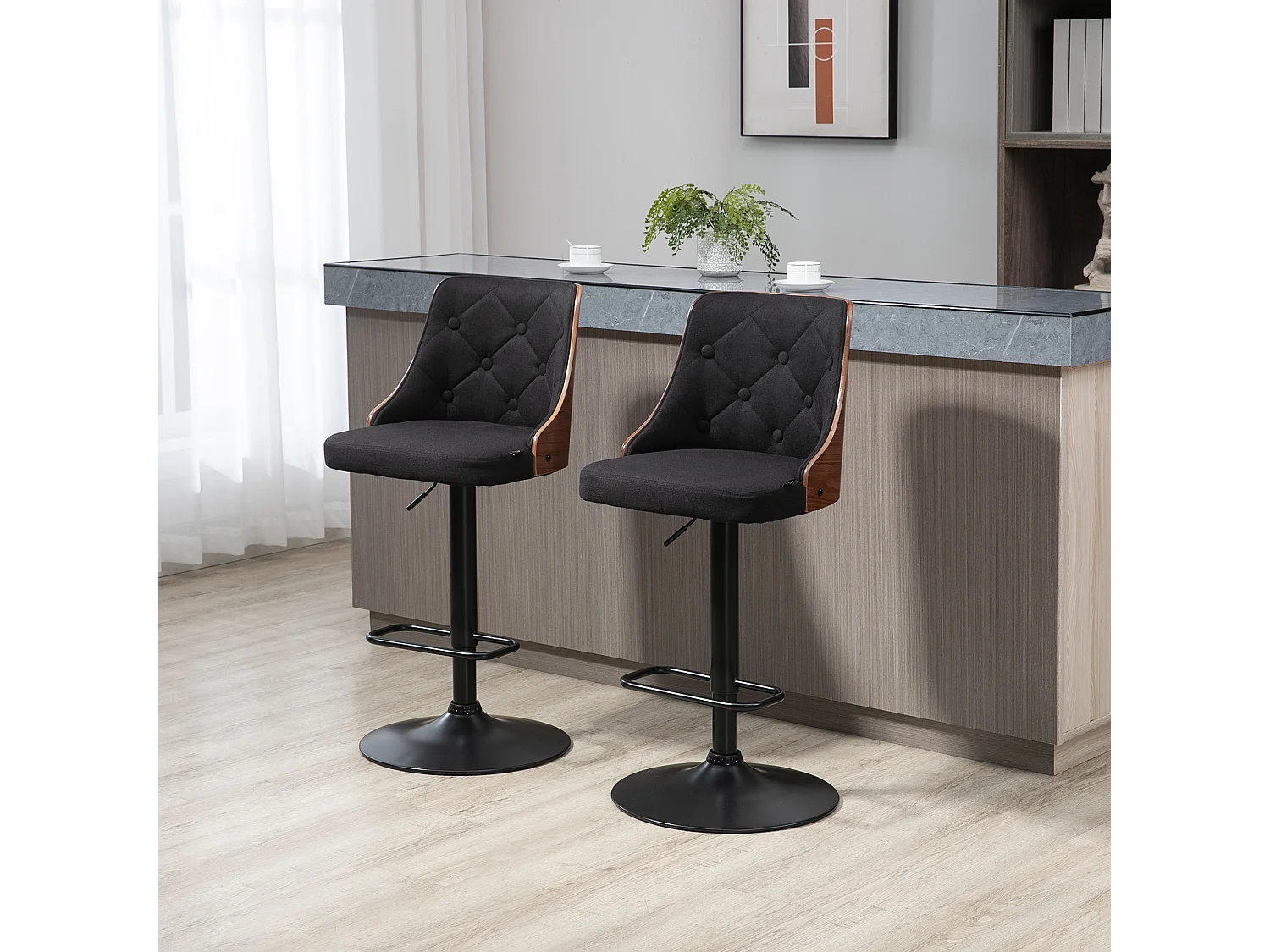 Lot de 2 tabourets de bar design vintage Chesterfield réglable pivotant 360° bois acier lin noir