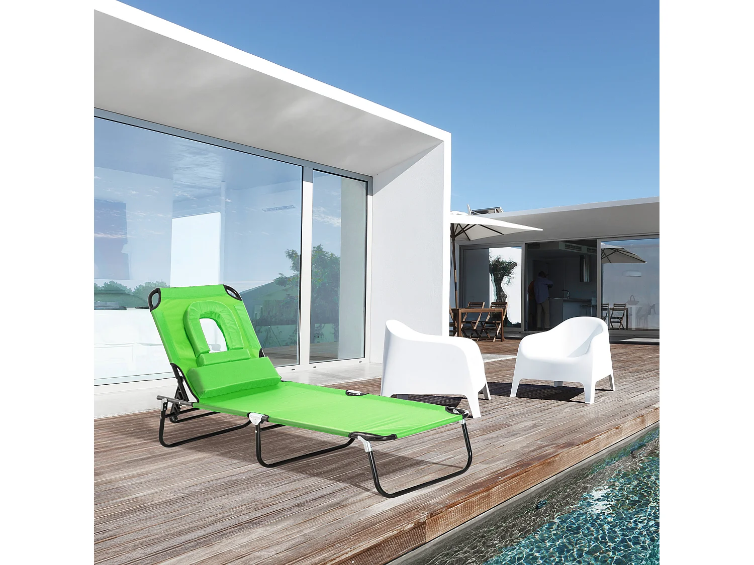 Bain de soleil pliable transat inclinable 4 positions chaise longue de lecture 3 coussins fournis vert