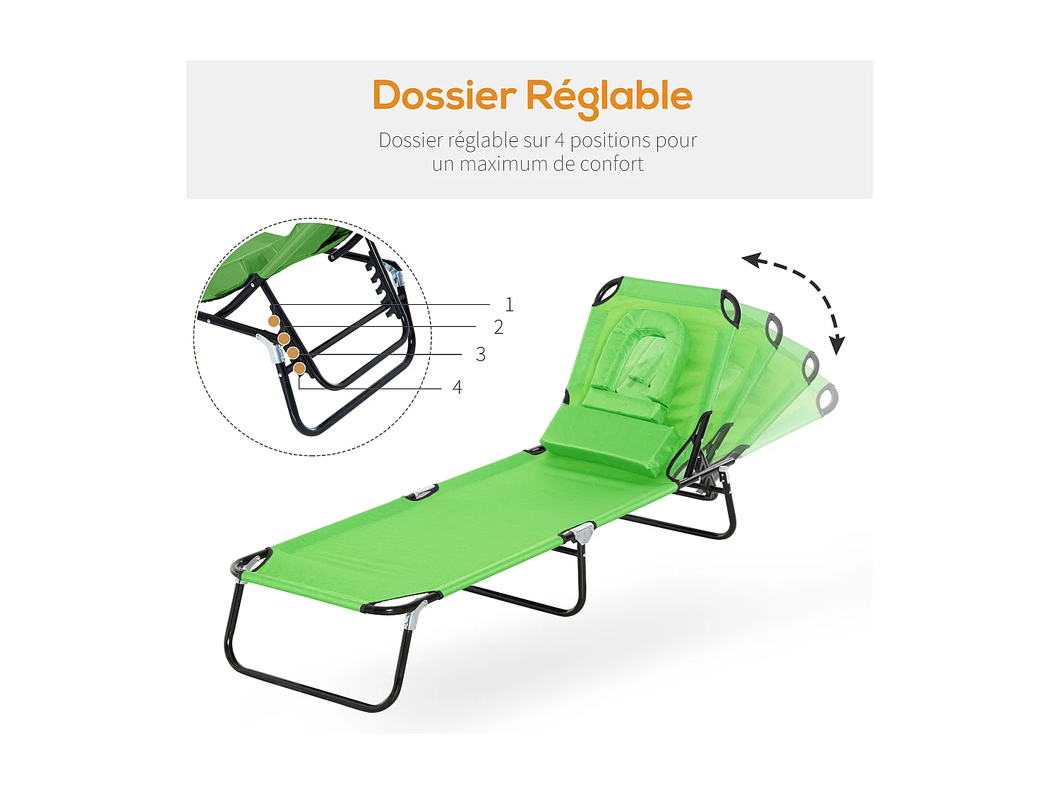 Bain de soleil pliable transat inclinable 4 positions chaise longue de lecture 3 coussins fournis vert