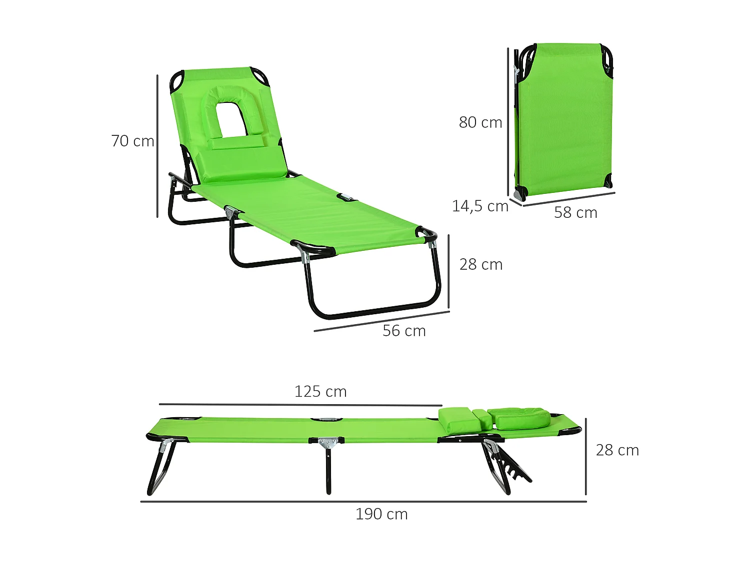 Bain de soleil pliable transat inclinable 4 positions chaise longue de lecture 3 coussins fournis vert