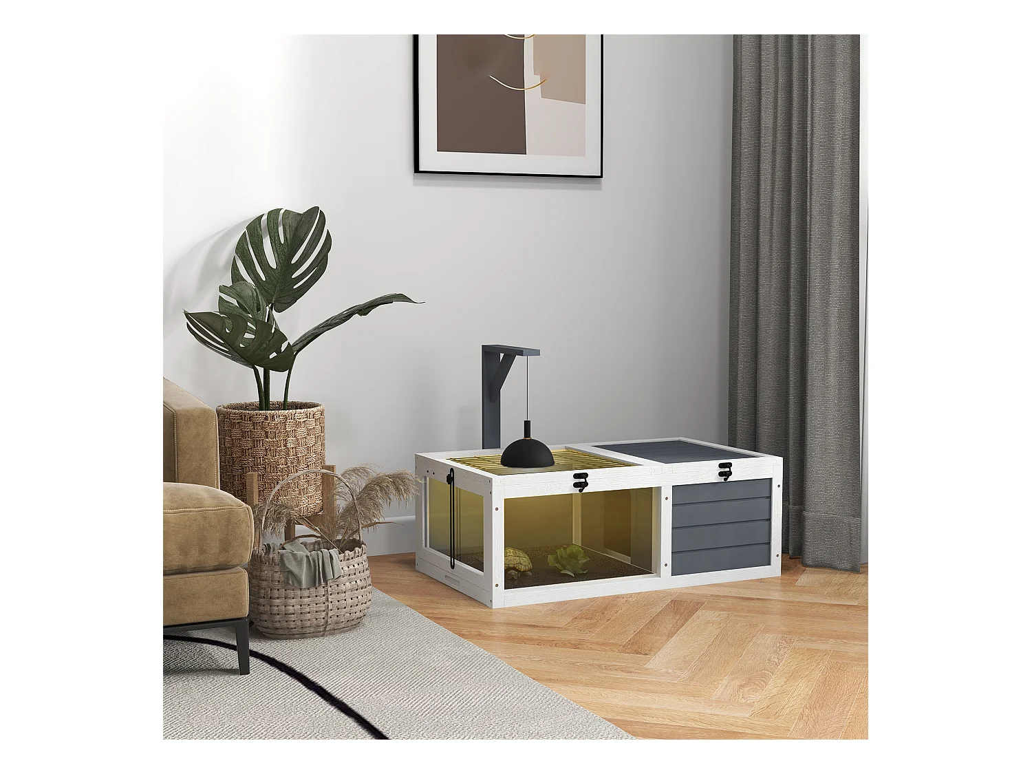 Maison enclos cage pour petit animal tortue avec 2 espaces bois gris