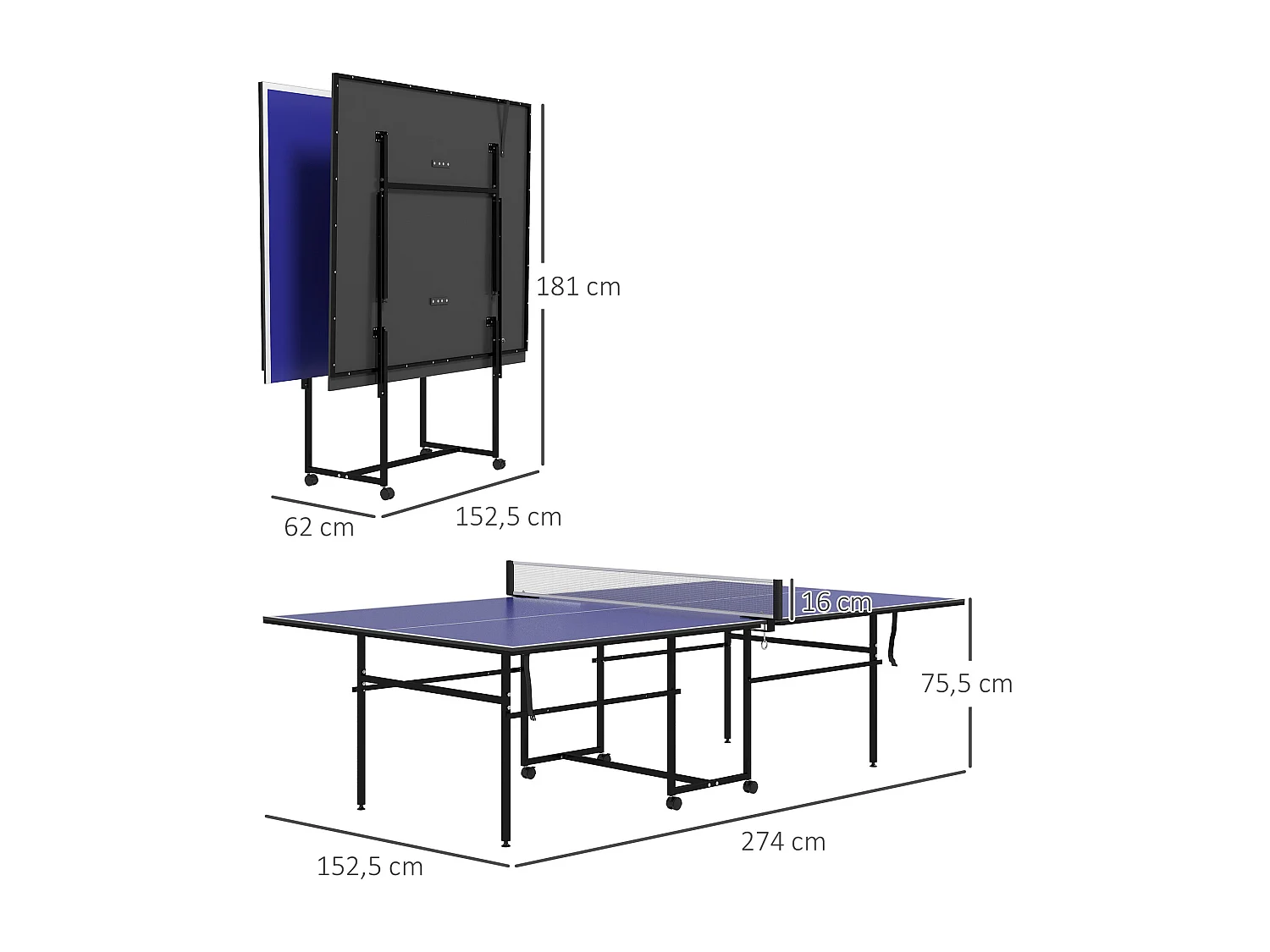 Table de ping-pong pliable compacte avec 4 roulettes bleu