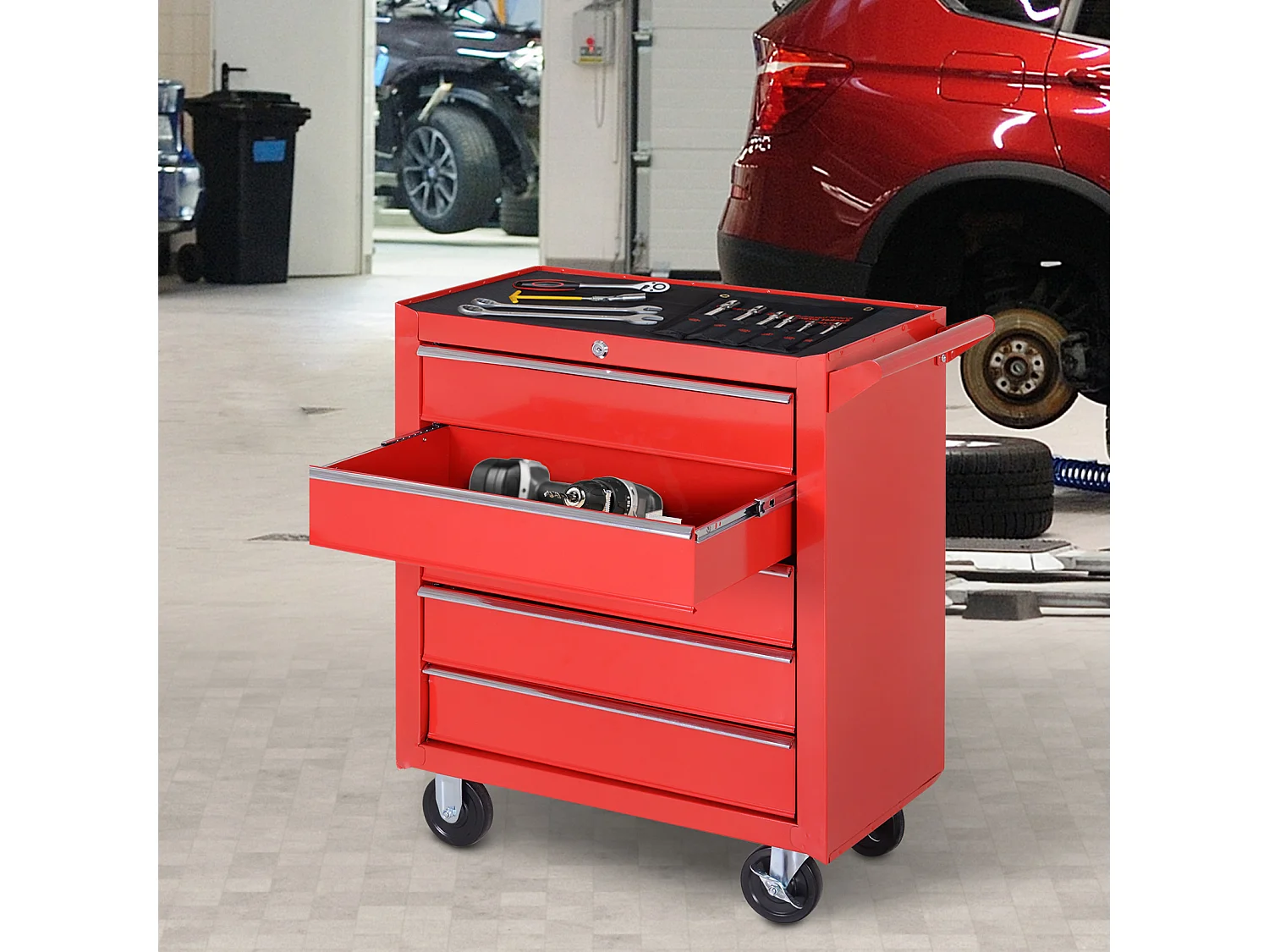 Servante d'atelier 5 tiroirs verrouillables 2 clés tôle d'acier rouge