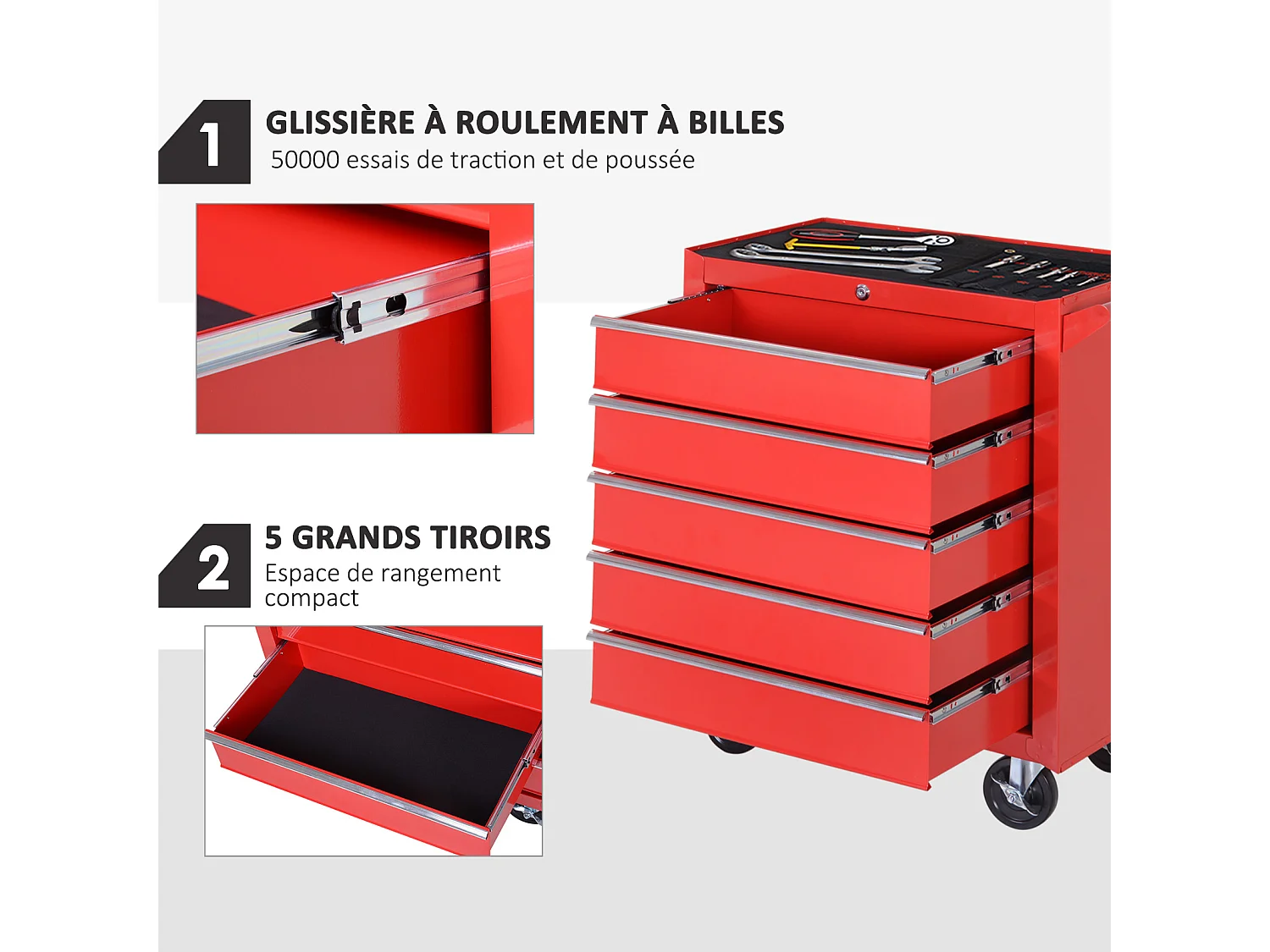 Servante d'atelier 5 tiroirs verrouillables 2 clés tôle d'acier rouge