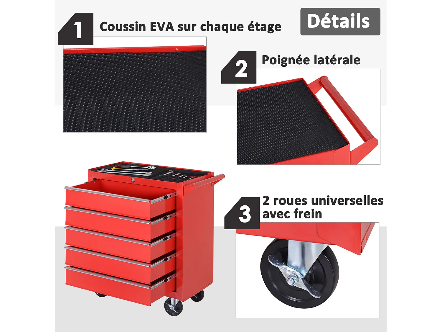 Servante d'atelier 5 tiroirs verrouillables 2 clés tôle d'acier rouge