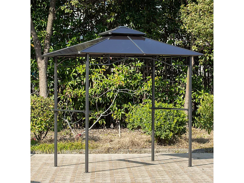 Pavillon jardin - abri barbecue - steakhouse 2 étagères - dim. 2,4L x 1,5l x 2,45H m - alu. métal noir toit polycarbonate