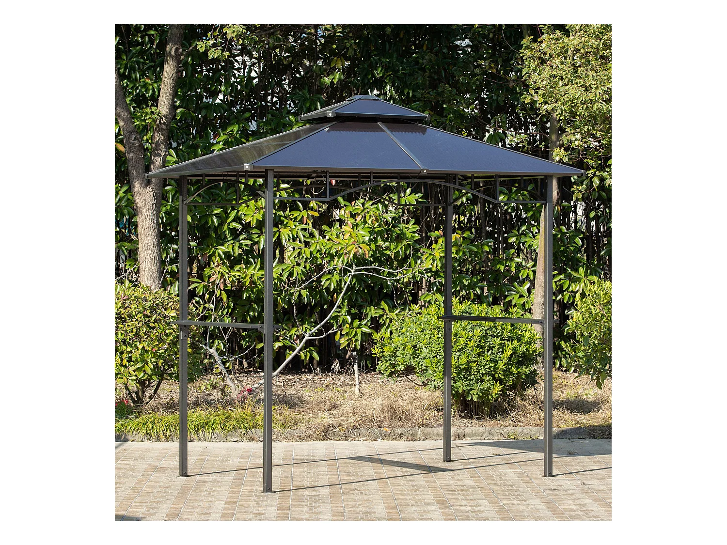 Pavillon jardin - abri barbecue - steakhouse 2 étagères - dim. 2,4L x 1,5l x 2,45H m - alu. métal noir toit polycarbonate