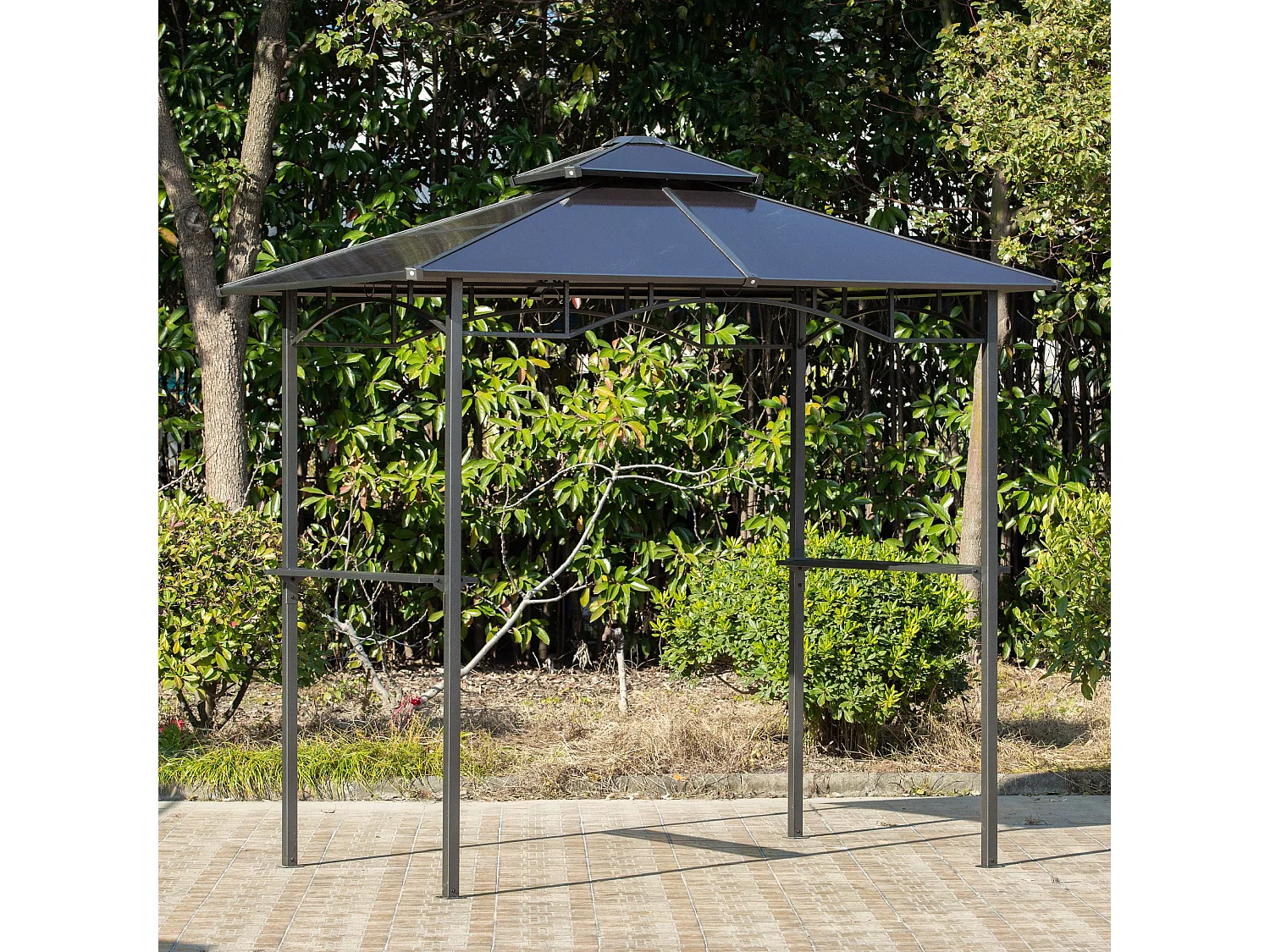 Pavillon jardin - abri barbecue - steakhouse 2 étagères - dim. 2,4L x 1,5l x 2,45H m - alu. métal noir toit polycarbonate