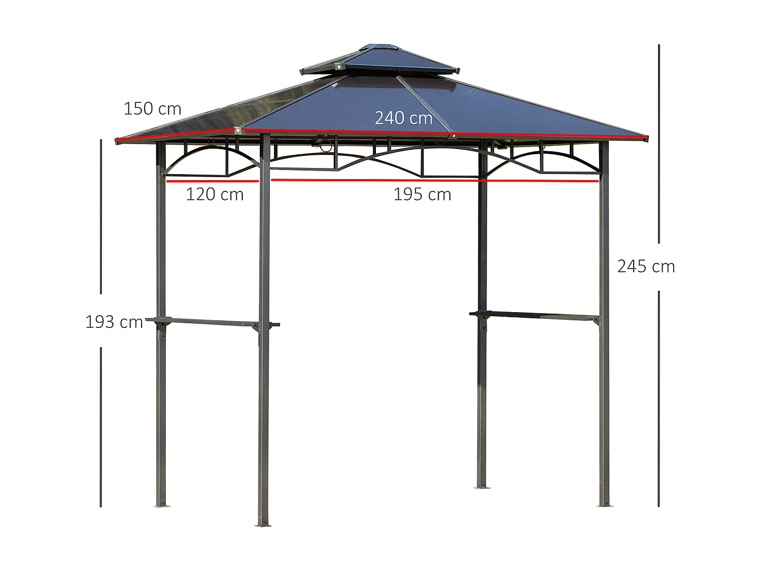 Pavillon jardin - abri barbecue - steakhouse 2 étagères - dim. 2,4L x 1,5l x 2,45H m - alu. métal noir toit polycarbonate