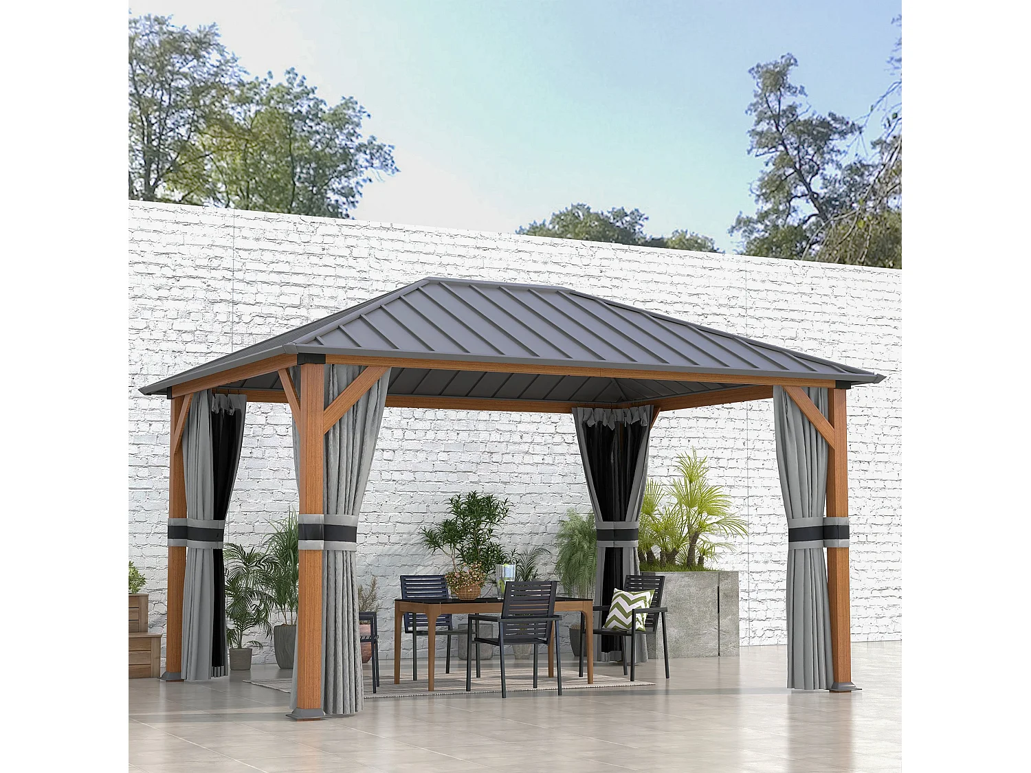 Pavillon de jardin structure alu aspect bois toit rigide métal galvanisé rideaux moustiquaires