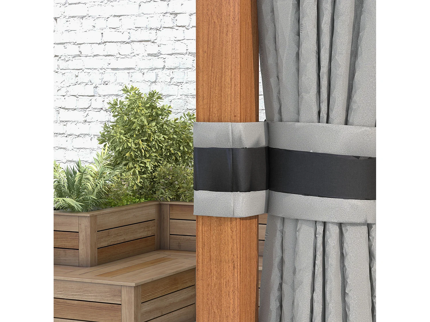 Pavillon de jardin structure alu aspect bois toit rigide métal galvanisé rideaux moustiquaires