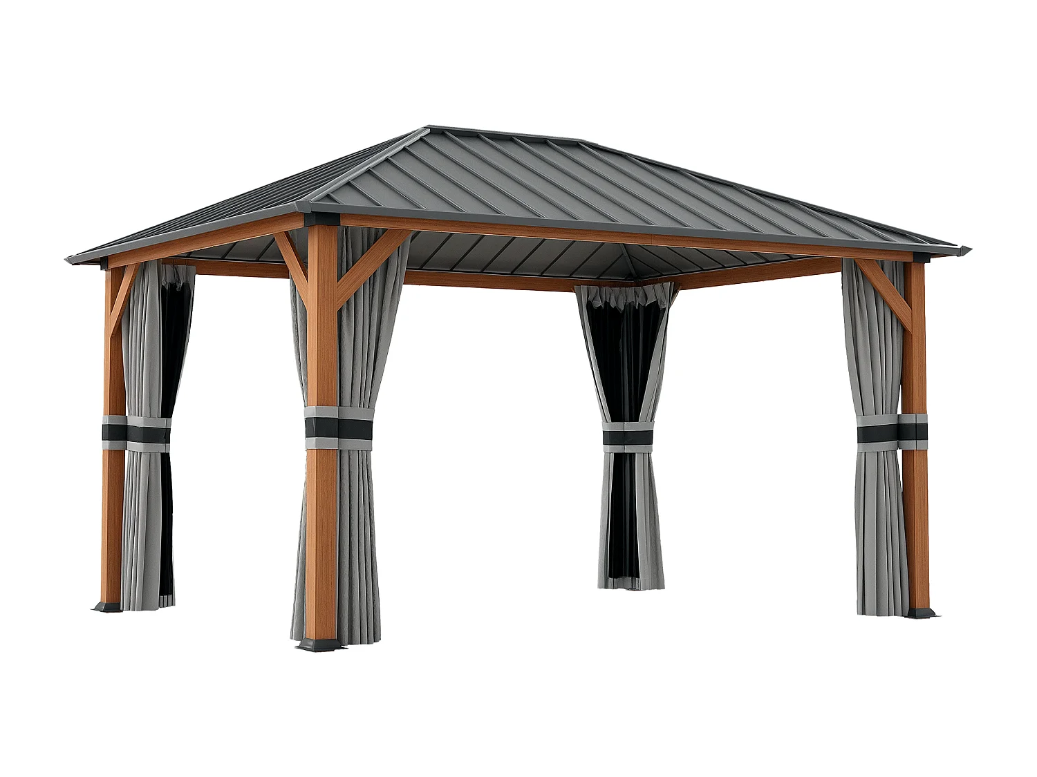 Pavillon de jardin structure alu aspect bois toit rigide métal galvanisé rideaux moustiquaires