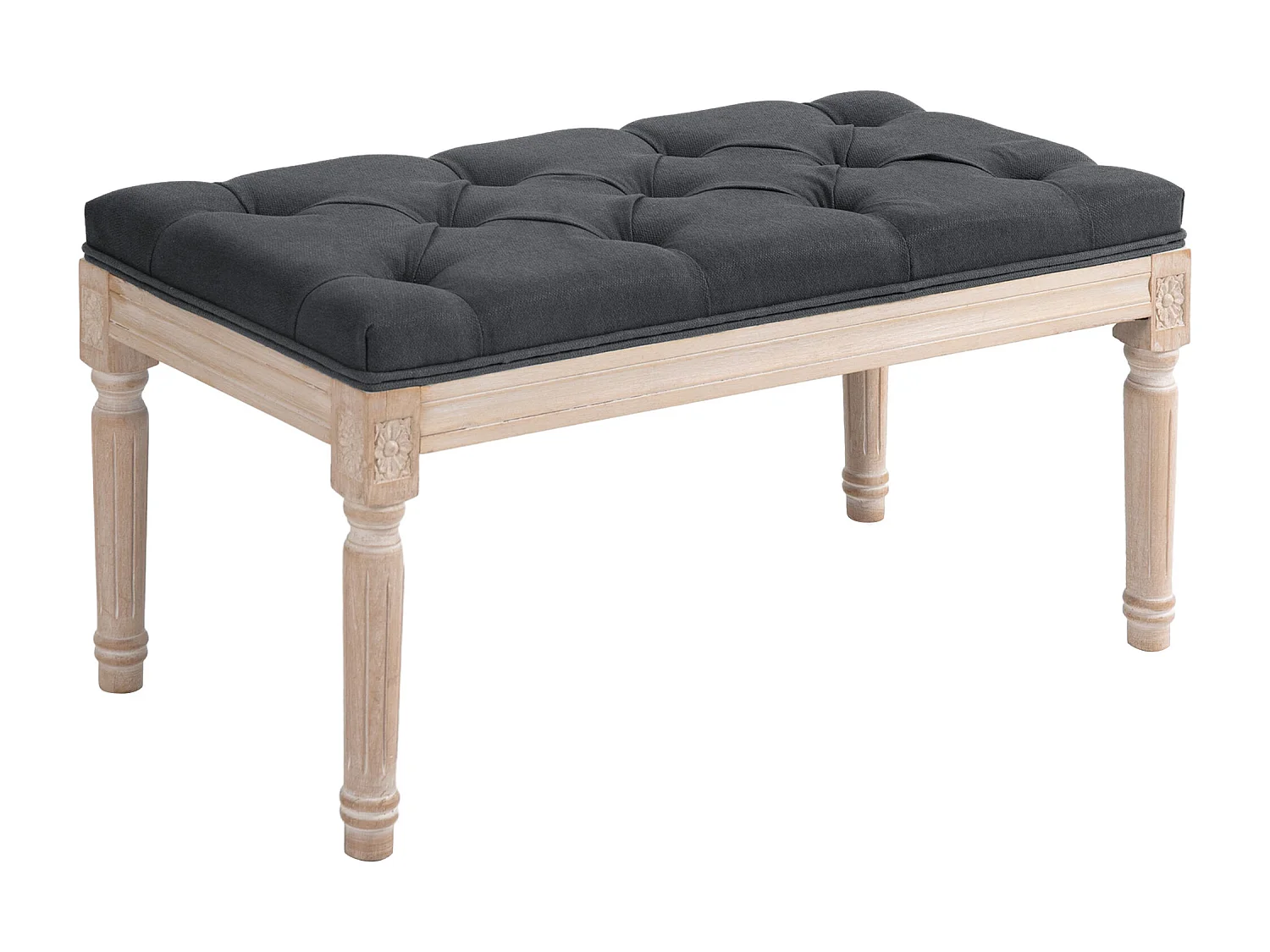 Tabouret repose-pied capitonné style classique - bois d'hévéa sculpté, patiné - revêtement aspect lin gris