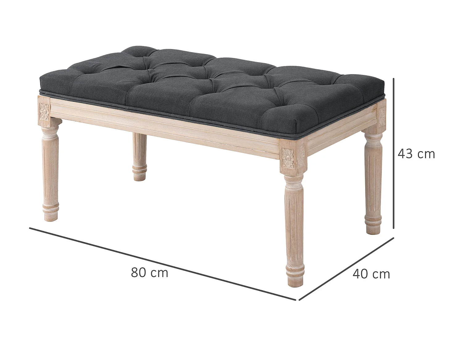 Tabouret repose-pied capitonné style classique - bois d'hévéa sculpté, patiné - revêtement aspect lin gris