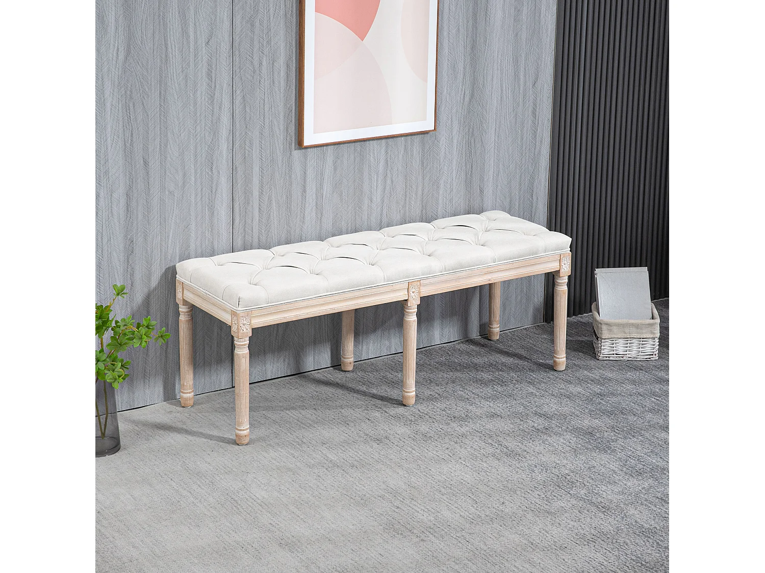 Tabouret repose-pied capitonné style classique - bois d'hévéa sculpté, patiné - revêtement aspect lin crème