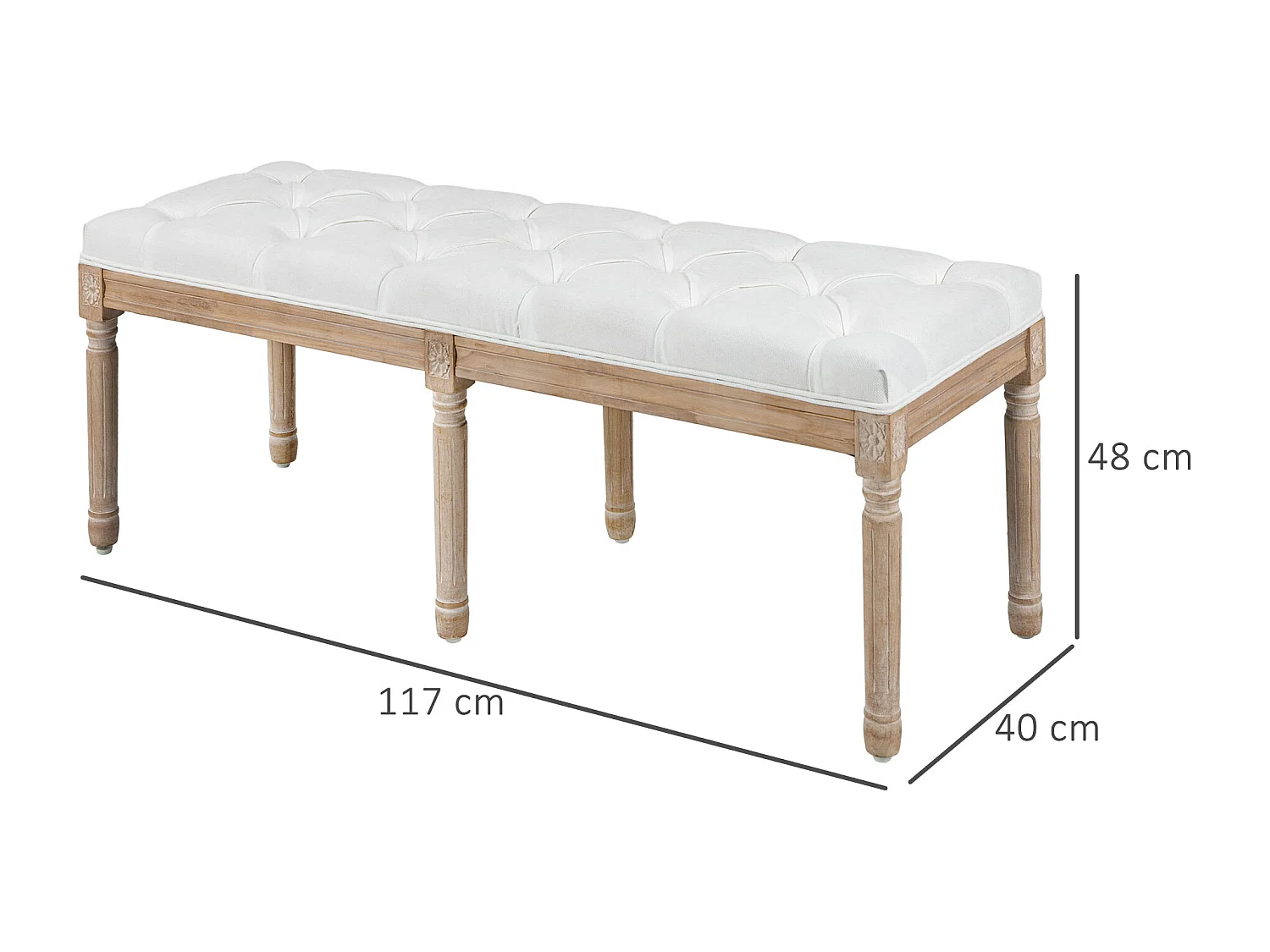 Tabouret repose-pied capitonné style classique - bois d'hévéa sculpté, patiné - revêtement aspect lin crème