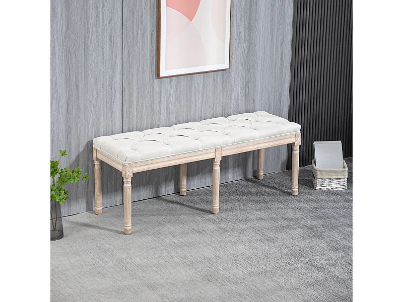 Tabouret repose-pied capitonné style classique - bois d'hévéa sculpté, patiné - revêtement aspect lin crème