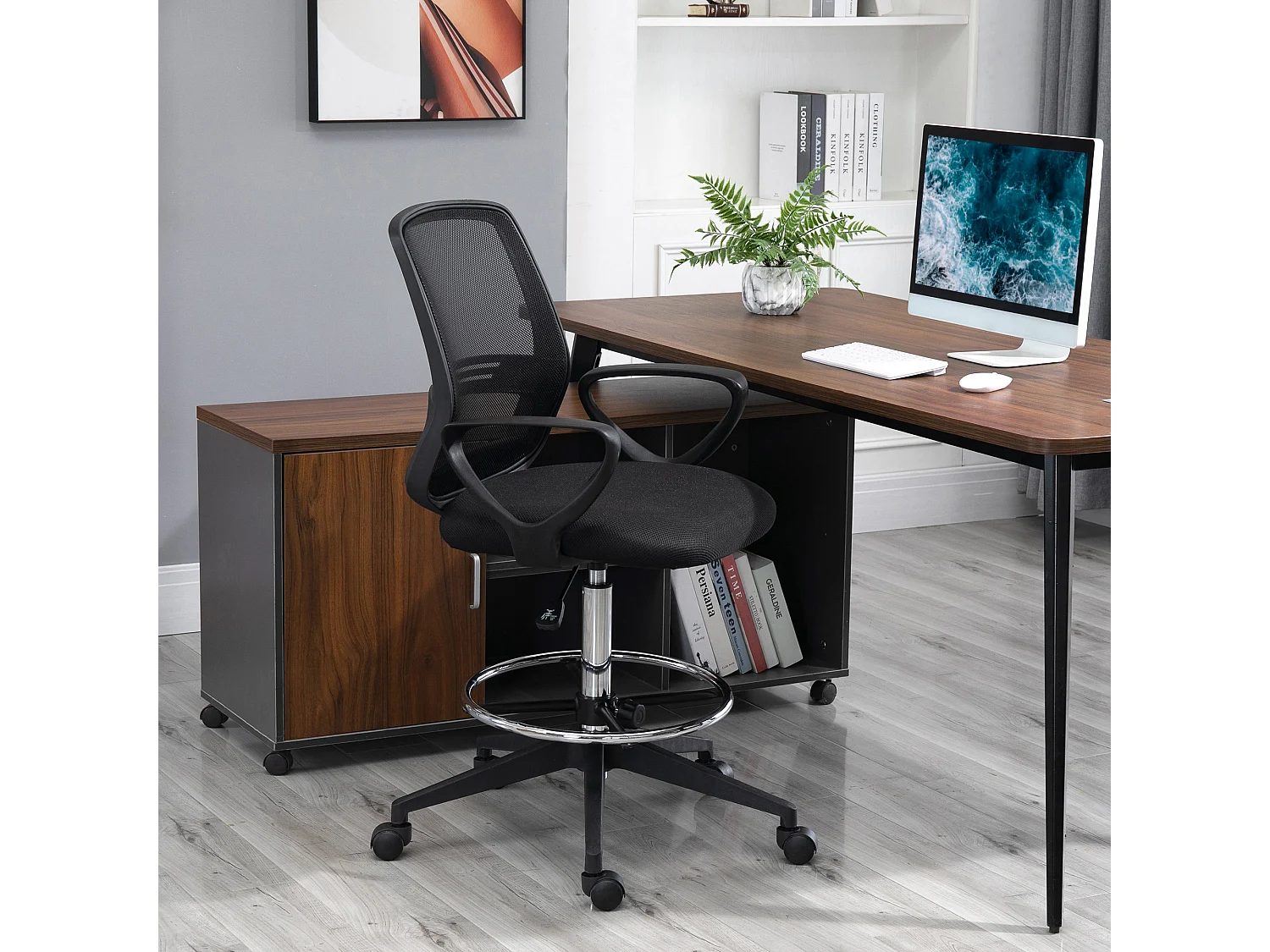 Chaise de bureau assise haute réglable dim. 59L x 60l x 102-126H cm pivotant 360° tissu maille respirante noir